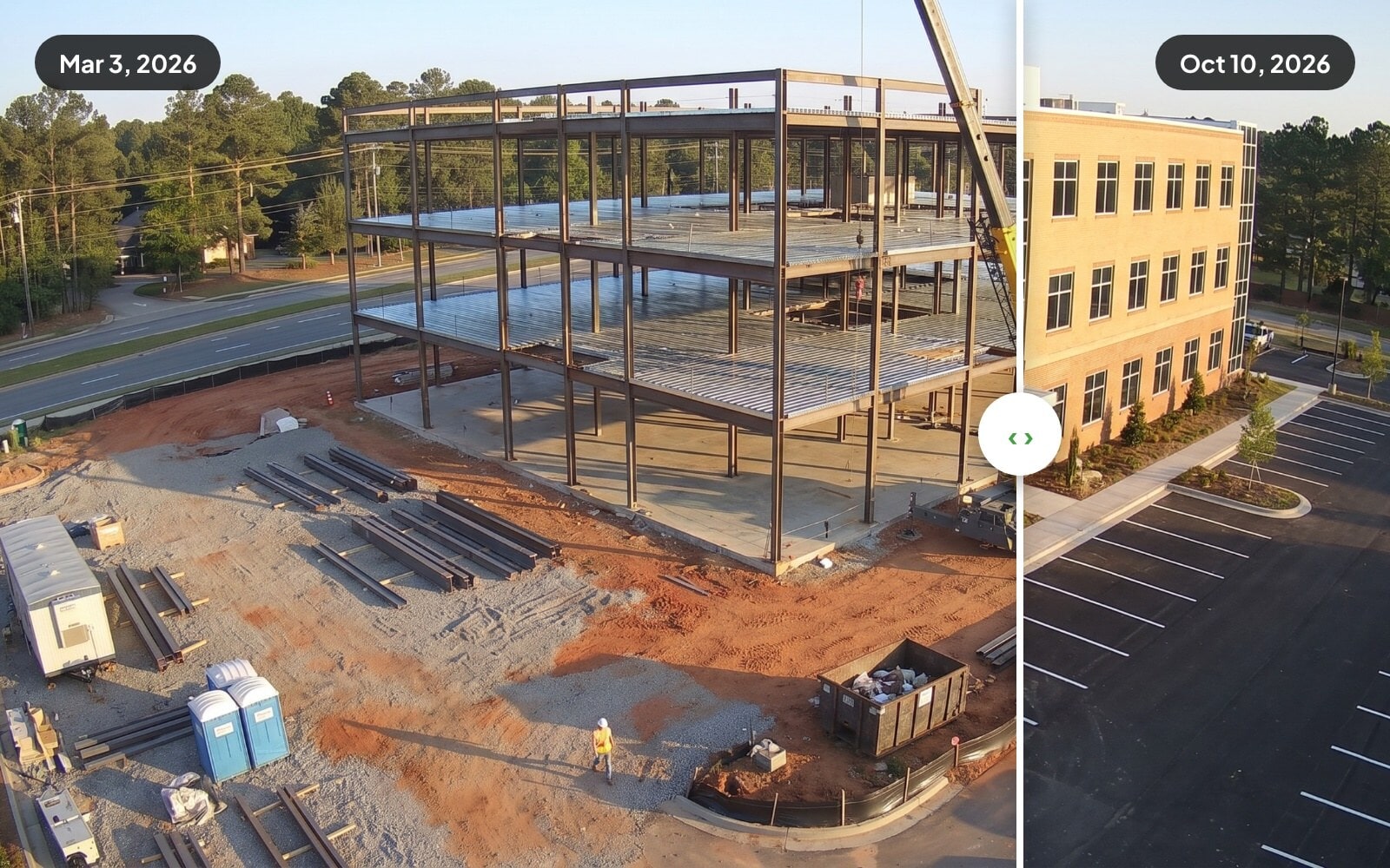 Image comparison slider showing a building in March and October