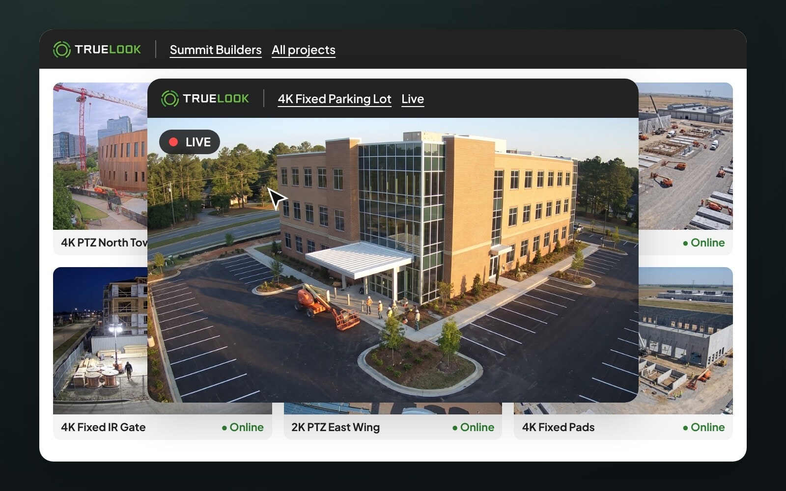 TrueLook camera grid opening a live view of a jobsite camera