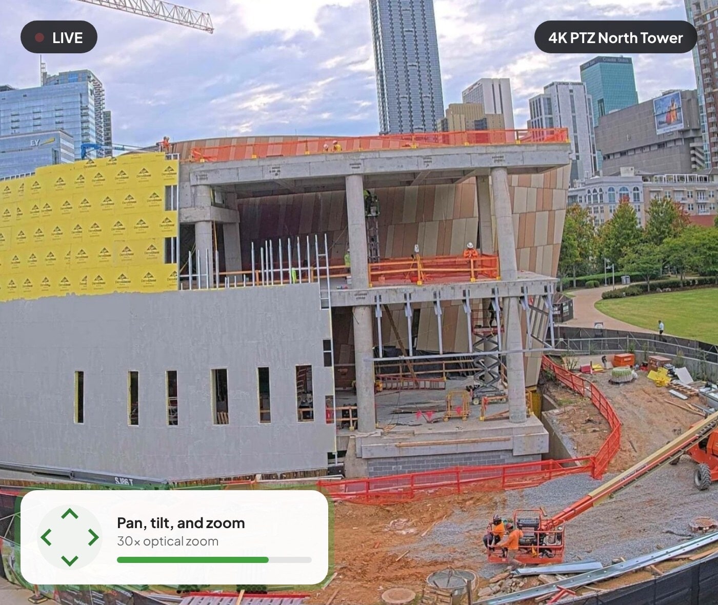 Live 4K PTZ construction camera view of an Atlanta jobsite with pan, tilt, and zoom controls