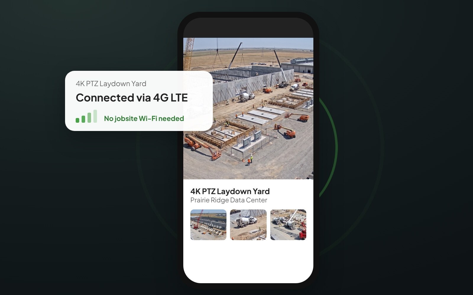 Phone showing a jobsite camera connected over built-in 4G LTE
