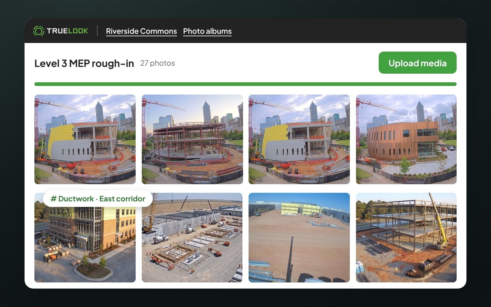 Photo album with uploaded jobsite photos, markup, and tags