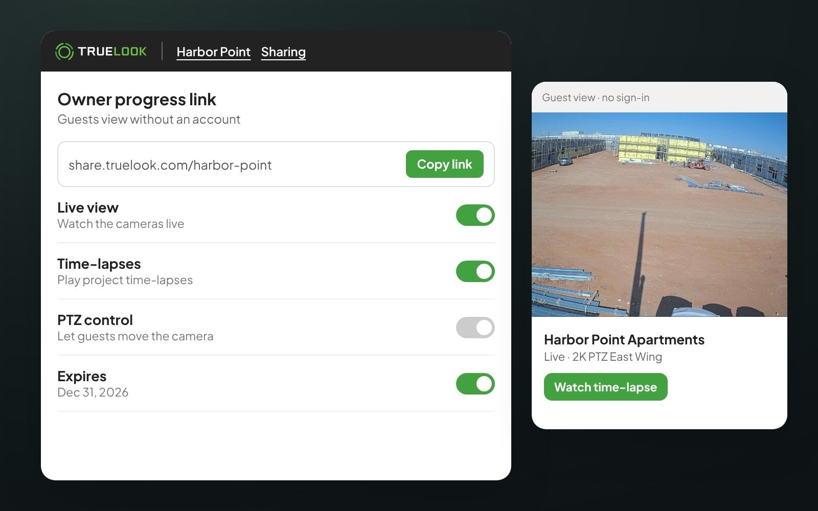 Sharing Center creating a guest link to a jobsite camera without a login