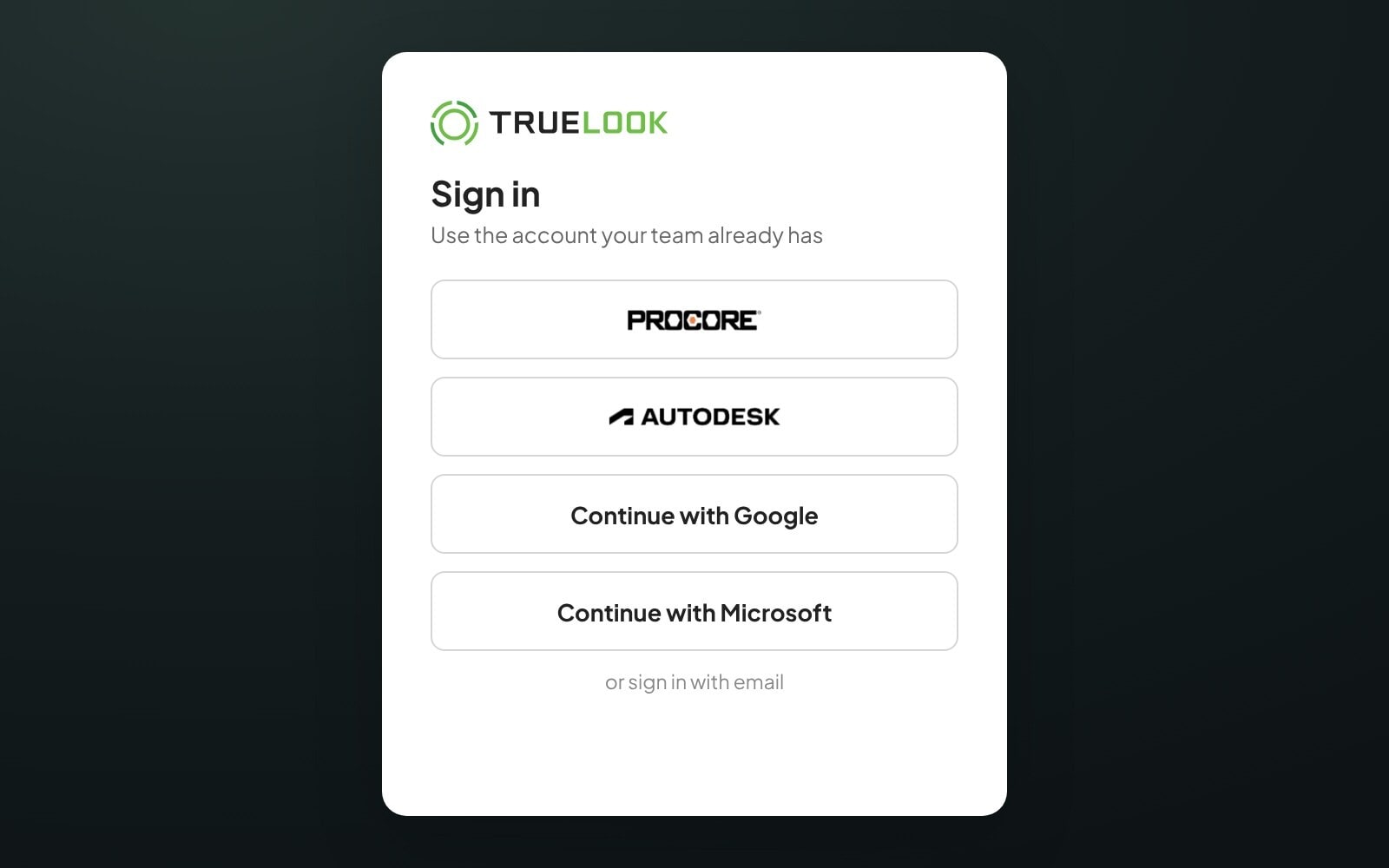 TrueLook sign-in with Procore, Autodesk, Google, or Microsoft single sign-on