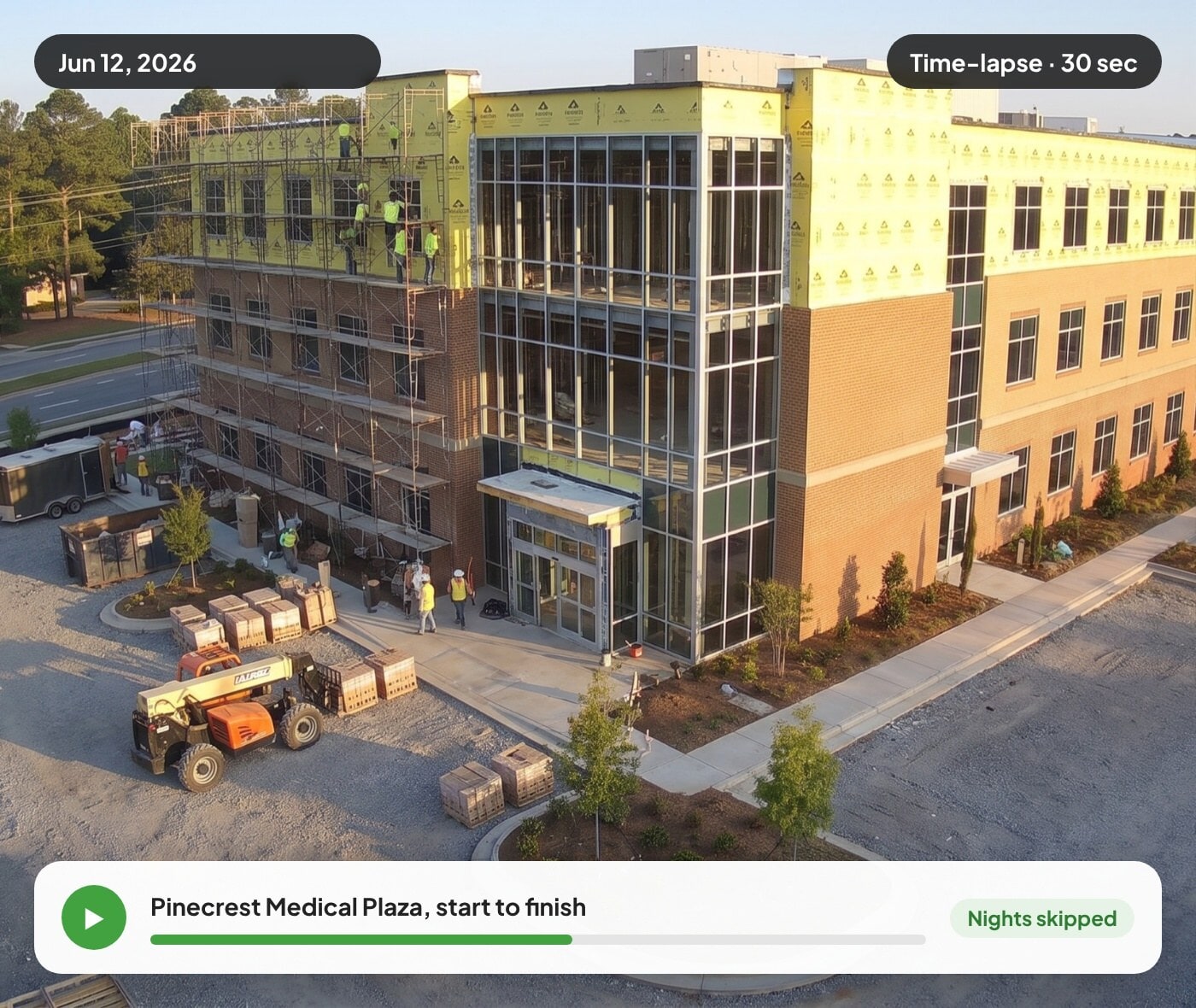 Construction time-lapse of a medical office building from steel frame to finished exterior