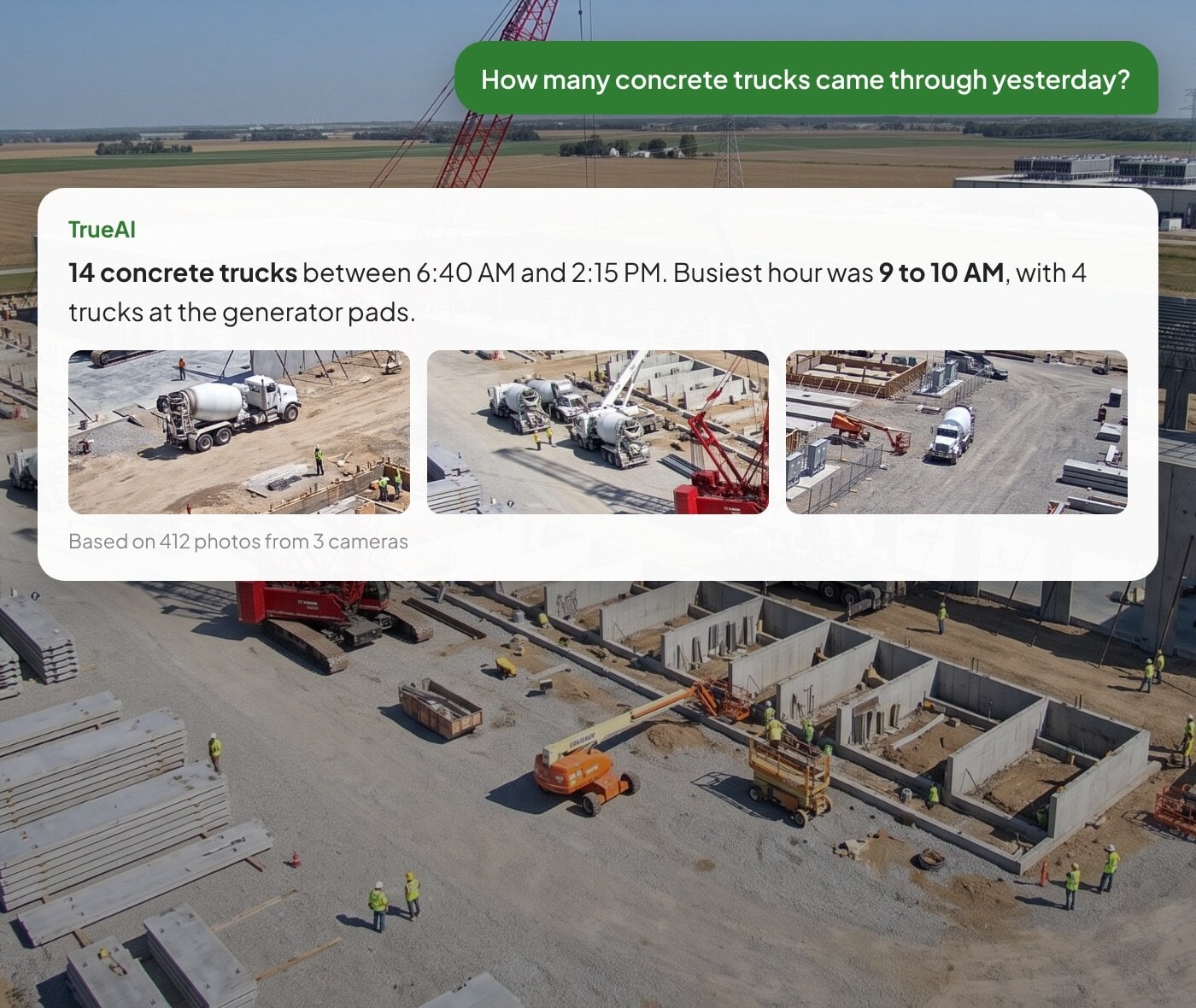 TrueAI answering how many concrete trucks came through a data center jobsite with photo proof