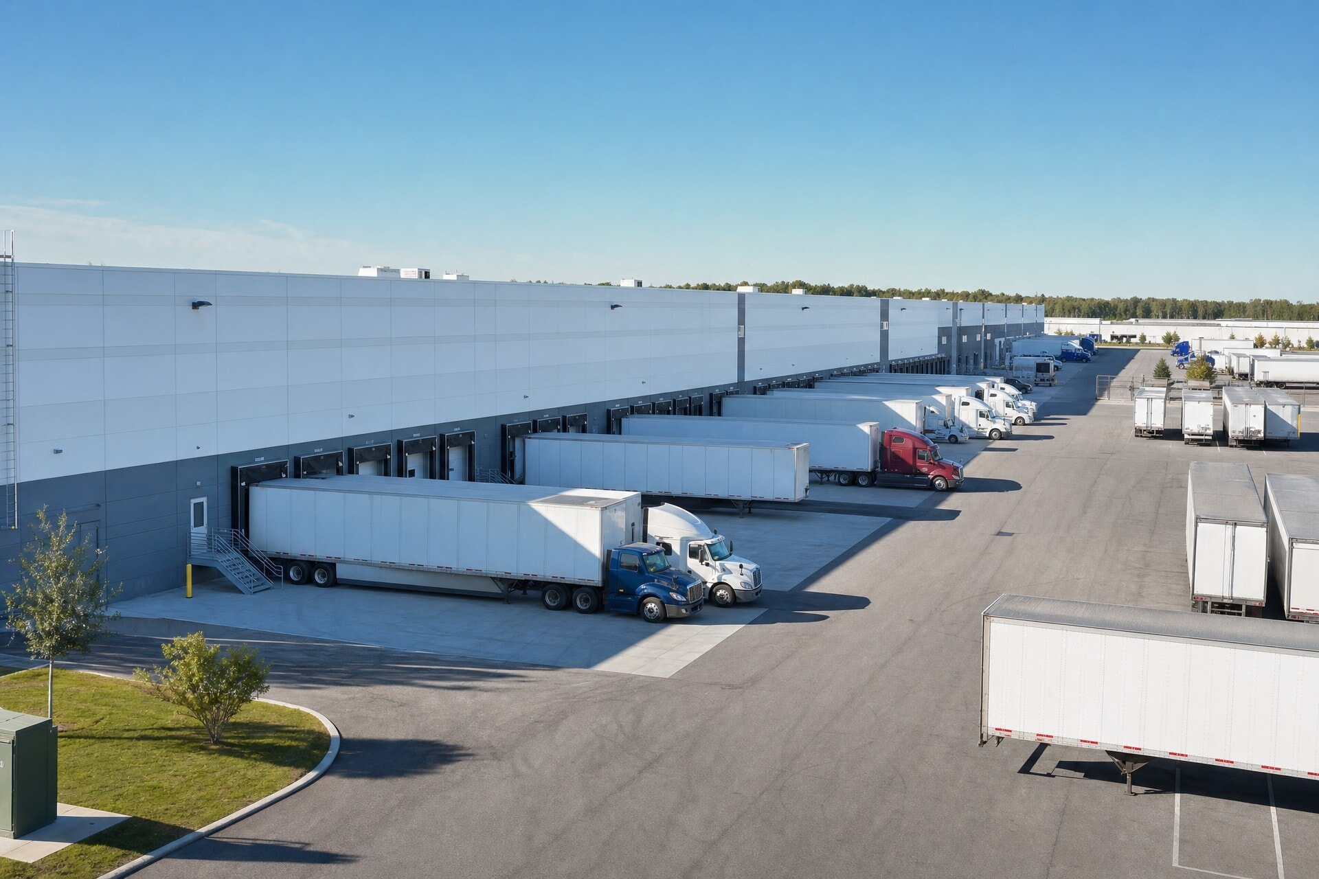 Distribution center with semi trucks backed up to loading docks and trailers parked in the yard