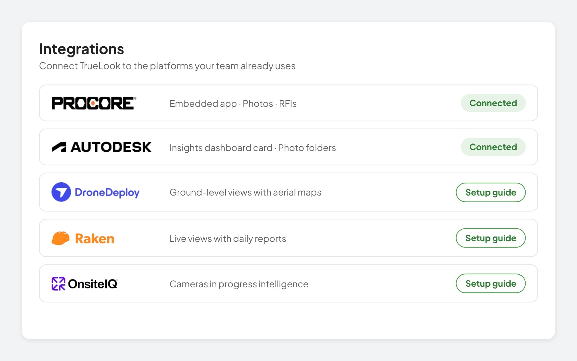 TrueLook integrations list showing connected construction platforms