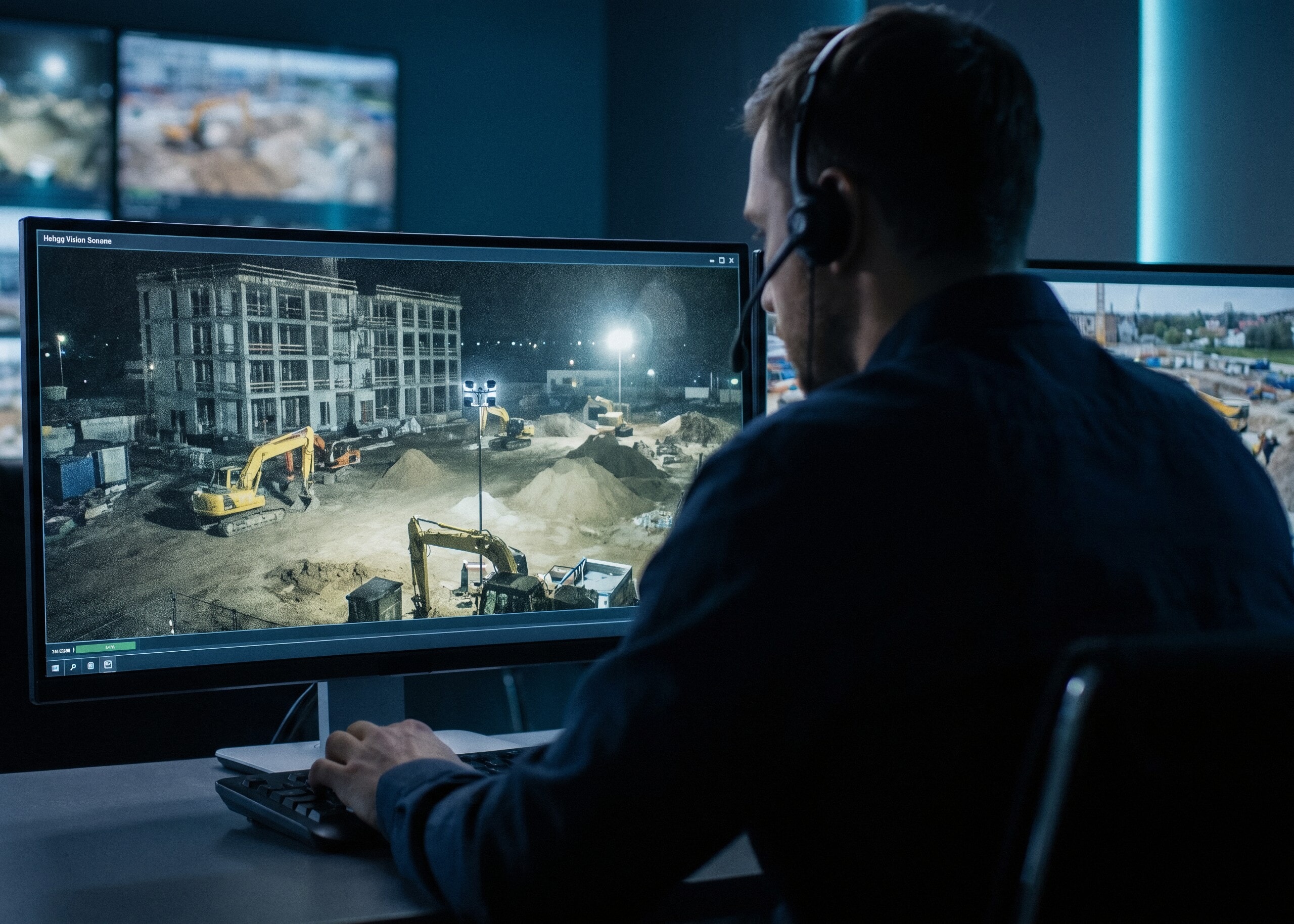 Monitoring center operator with a headset watching a live jobsite camera feed at night