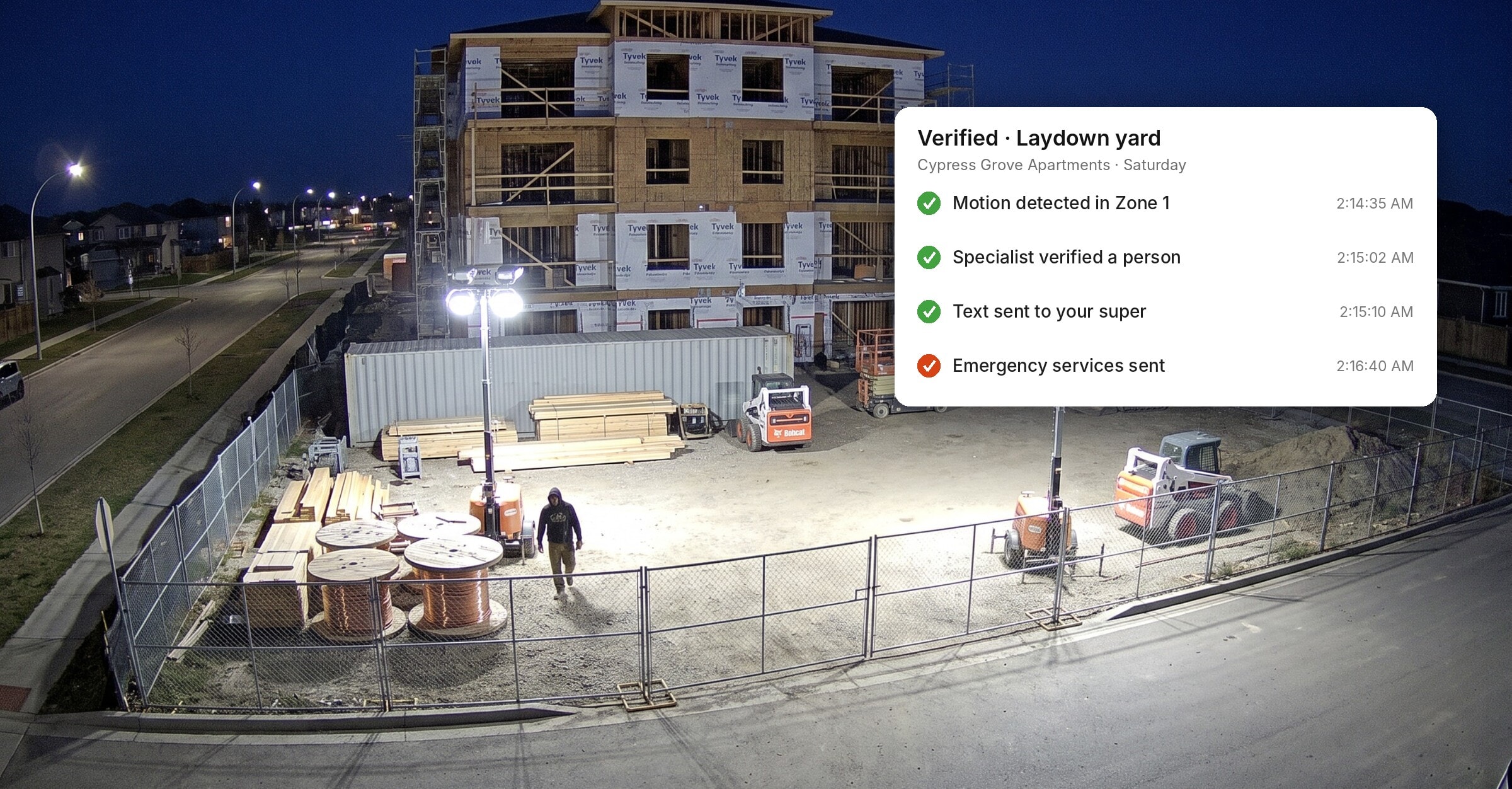 Monitoring specialist verifying a person in a construction laydown yard at night