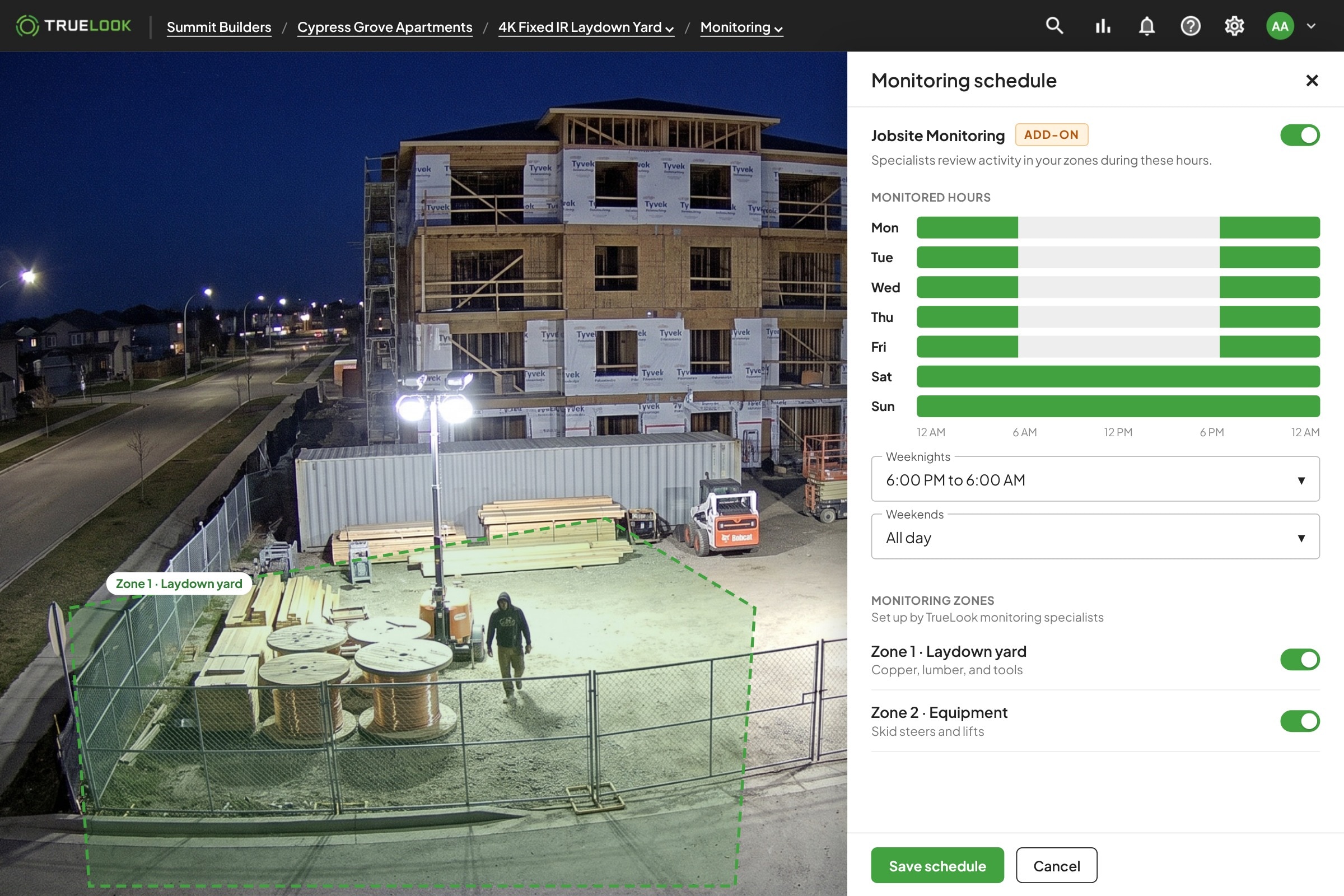 TrueLook Jobsite Monitoring hours and monitoring zones set up by specialists