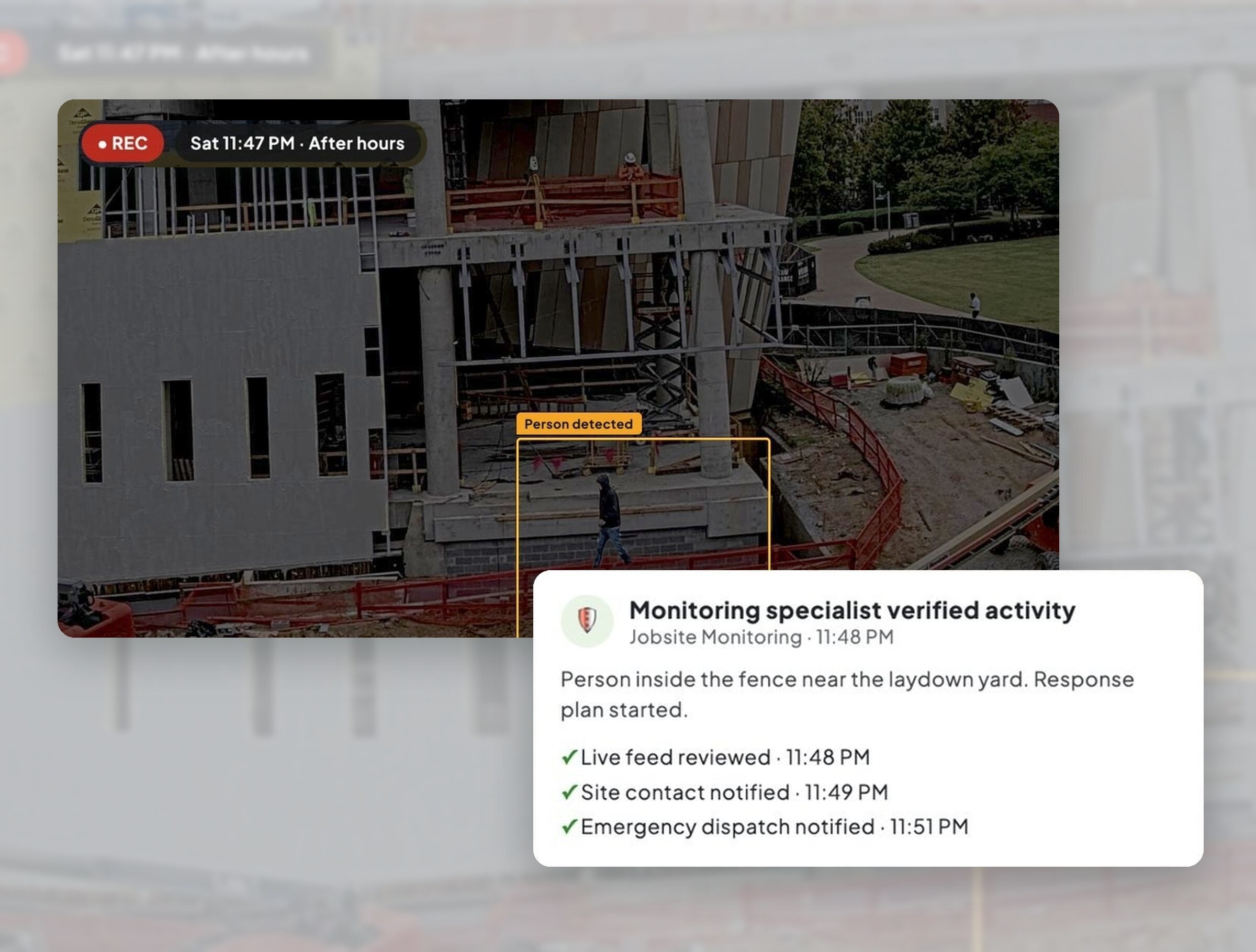 Construction camera view after hours with a person detected and a monitoring specialist verified alert
