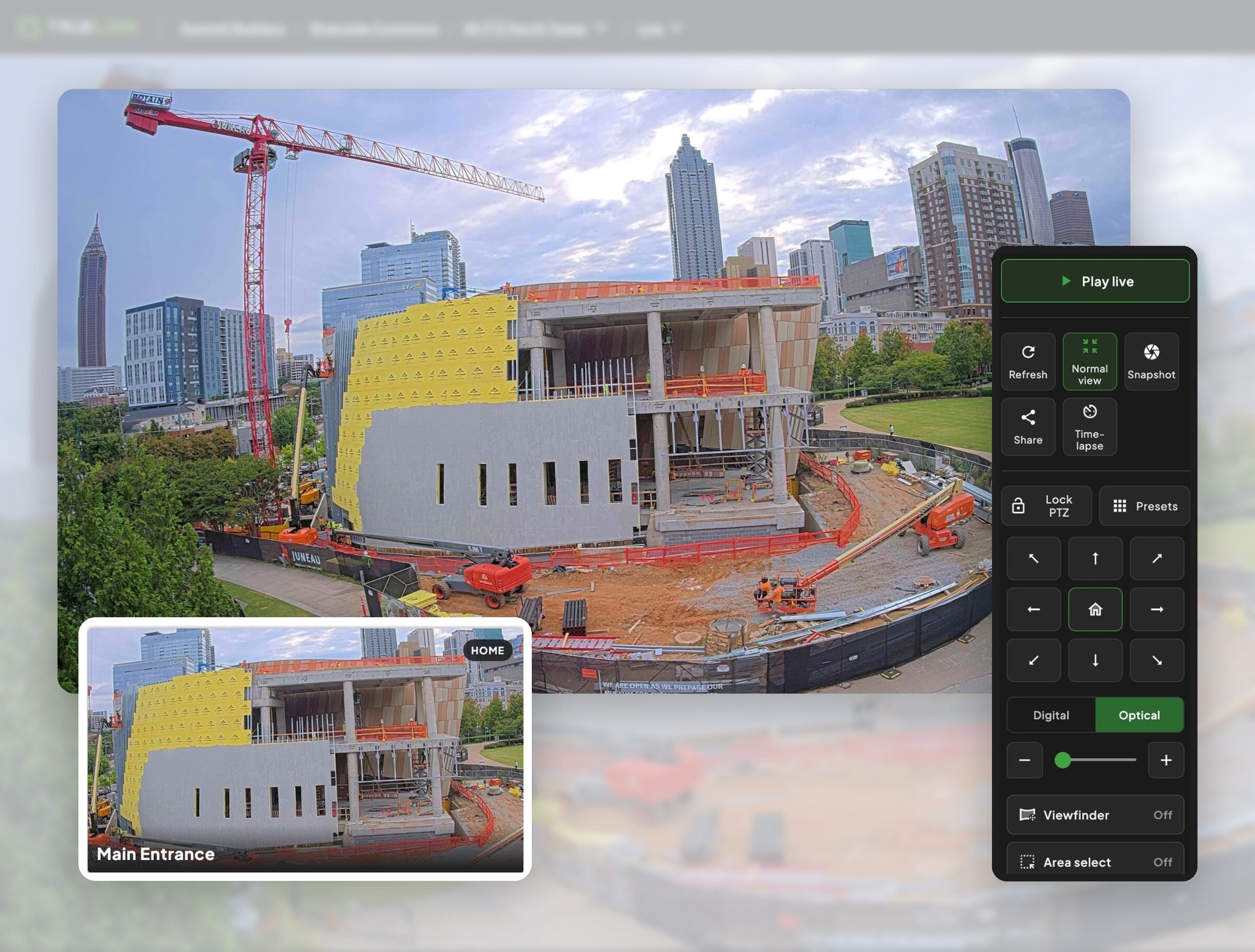 TrueLook live view with PTZ controls and a saved camera preset