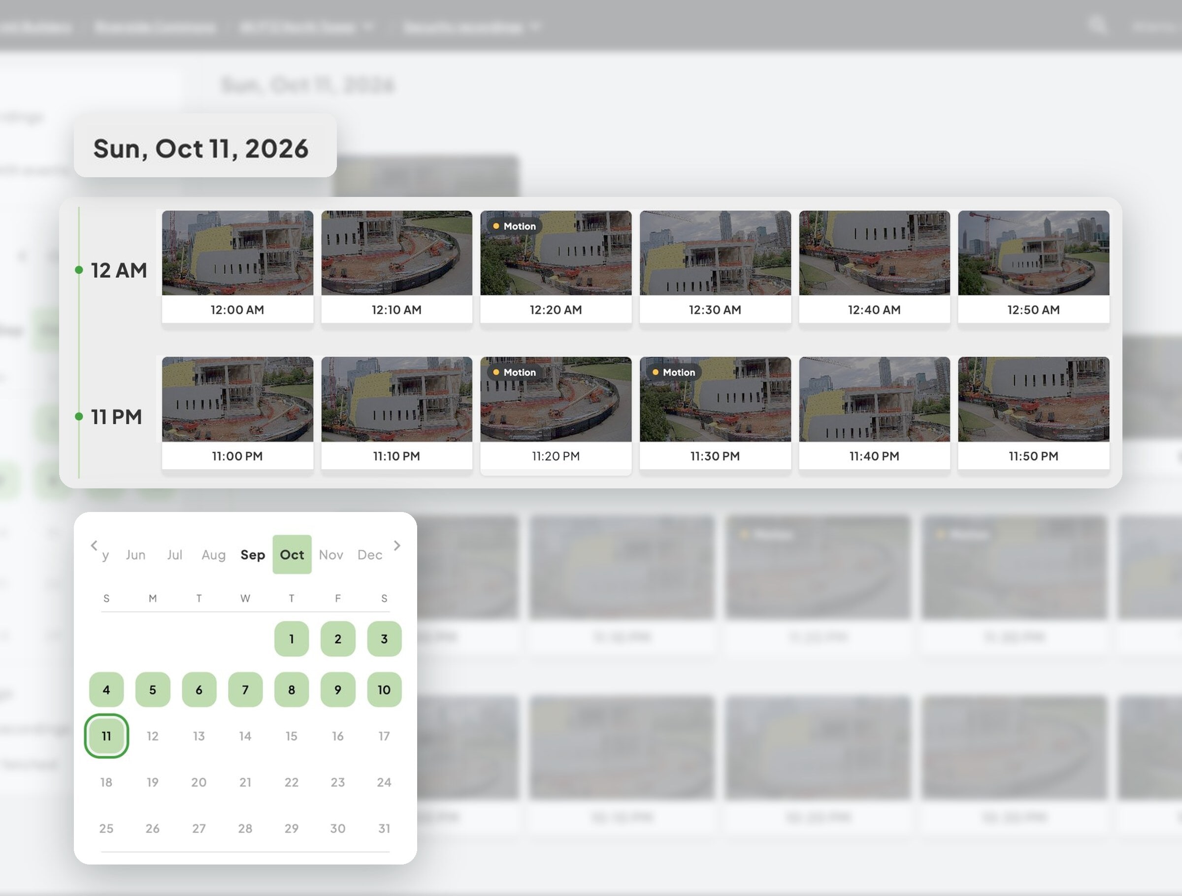 TrueLook security recordings timeline with motion events and calendar