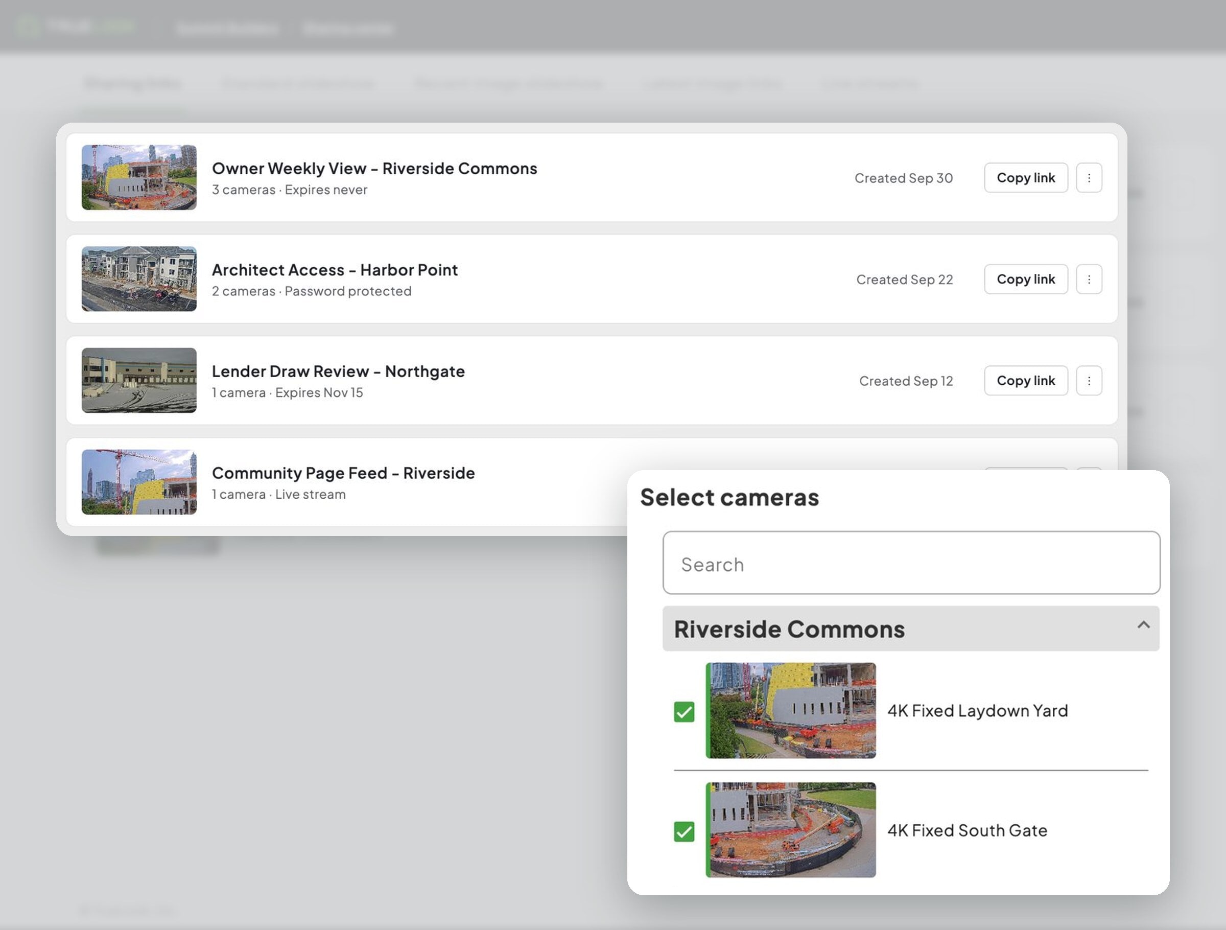 TrueLook Sharing Center with secure links and camera selection for a new sharing link