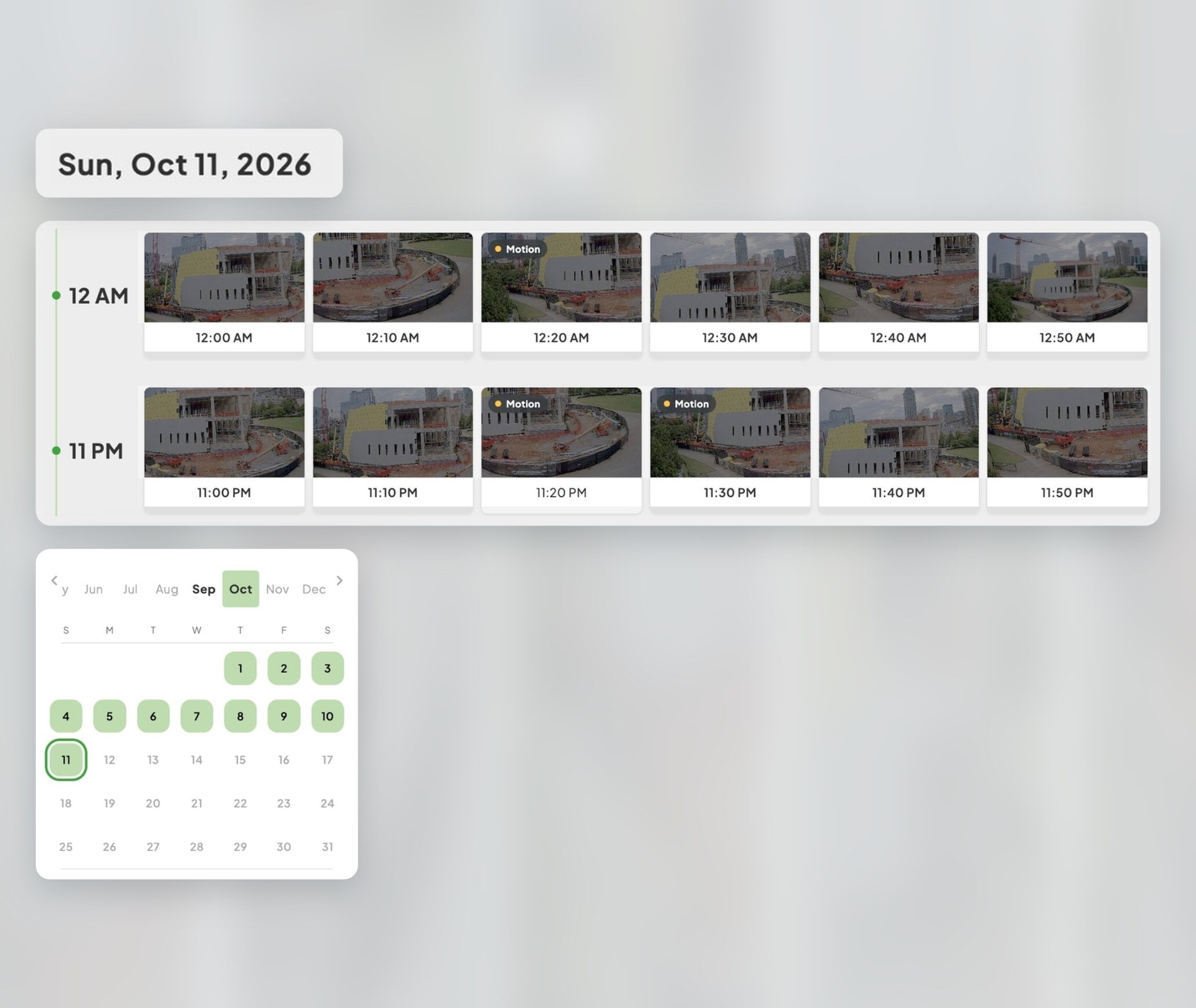 TrueLook recorded images by hour with motion detections and a date picker
