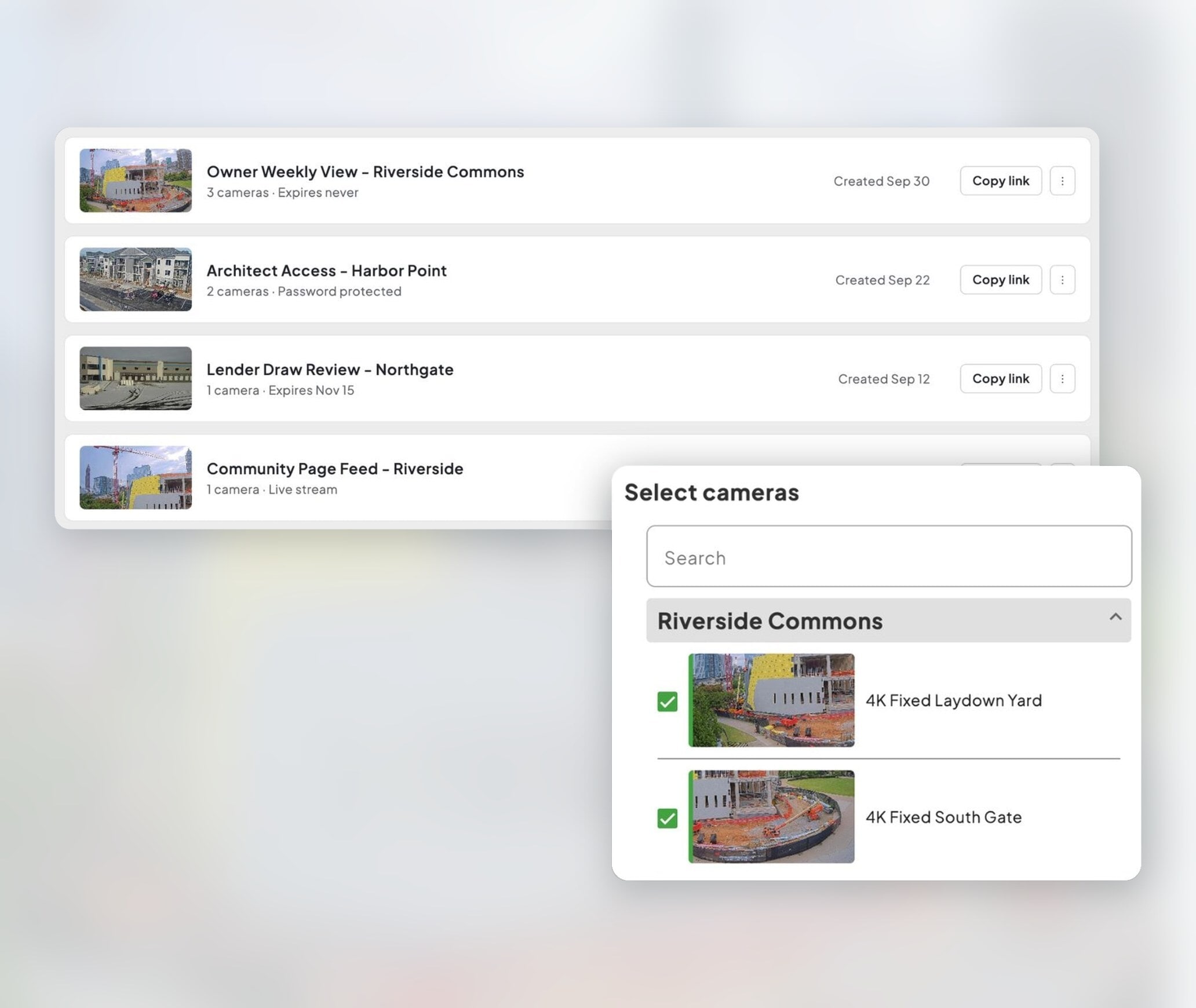 TrueLook Sharing Center links and camera selection