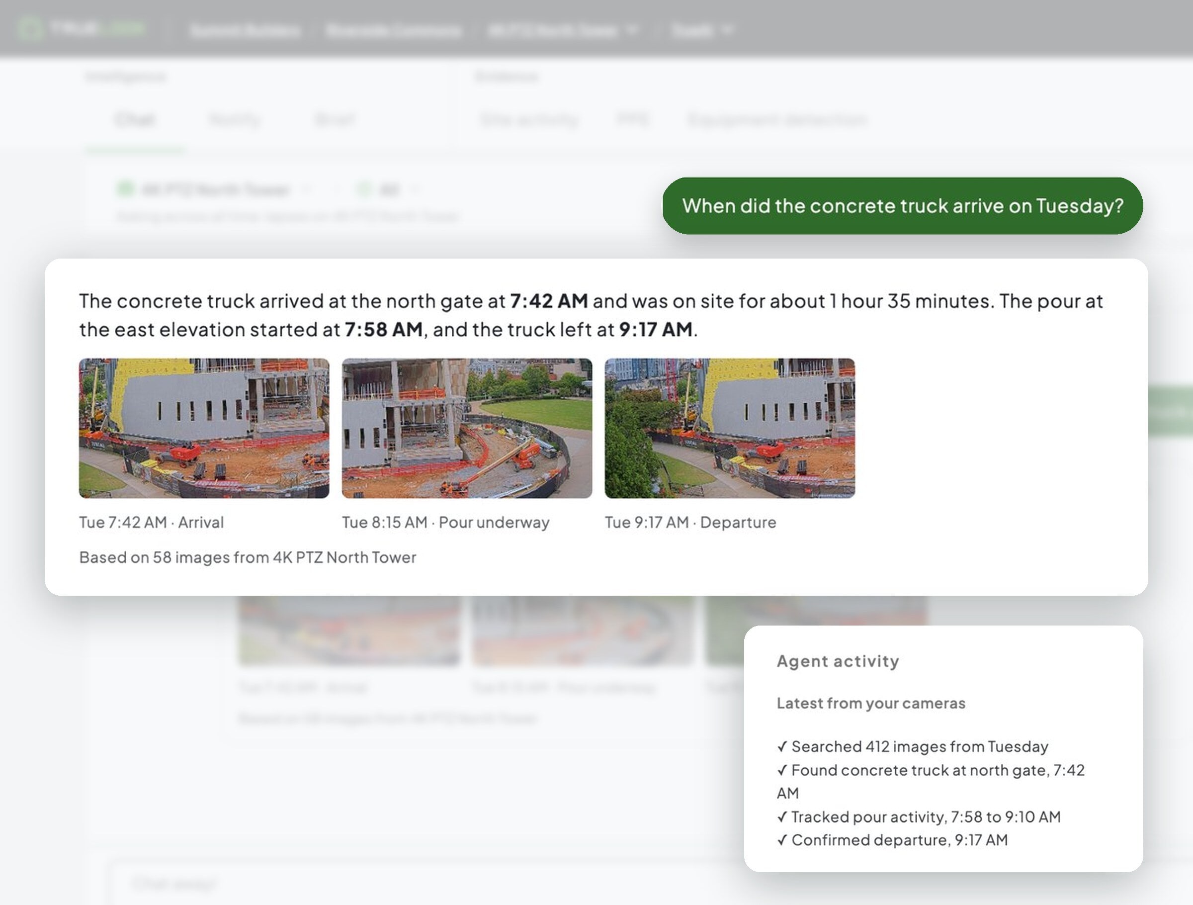 TrueAI chat answering when the concrete truck arrived on a construction site, with timestamped camera images and agent activity