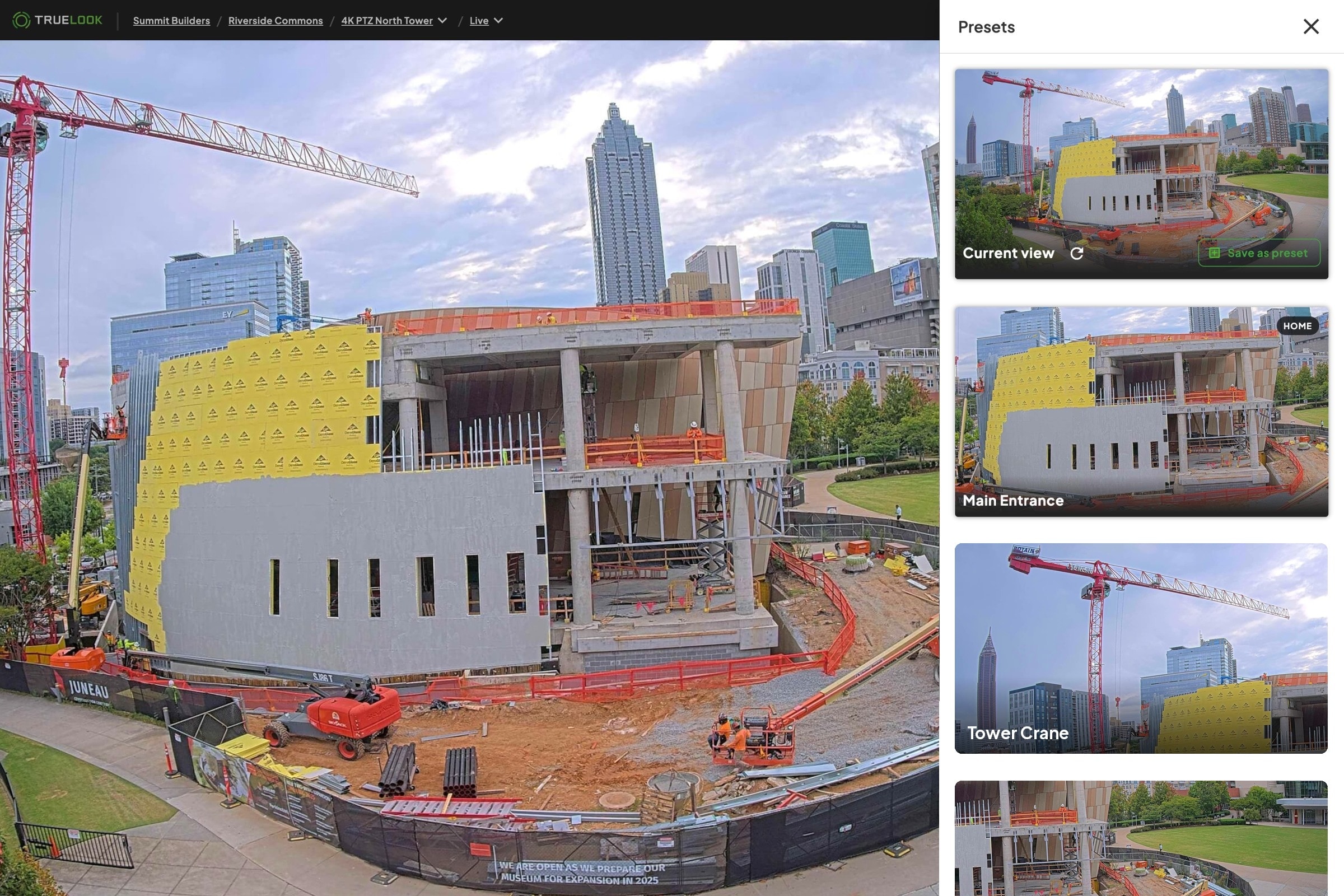 Saved presets on a construction live cam, including Main Entrance, Tower Crane, and Laydown Yard
