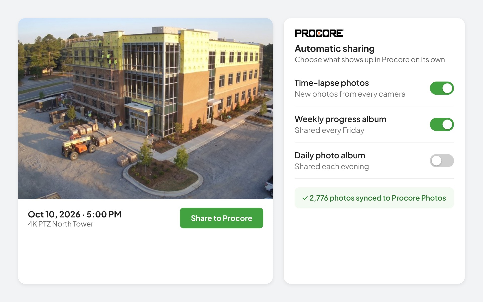 Automatic sharing of TrueLook time-lapse photos and albums to Procore