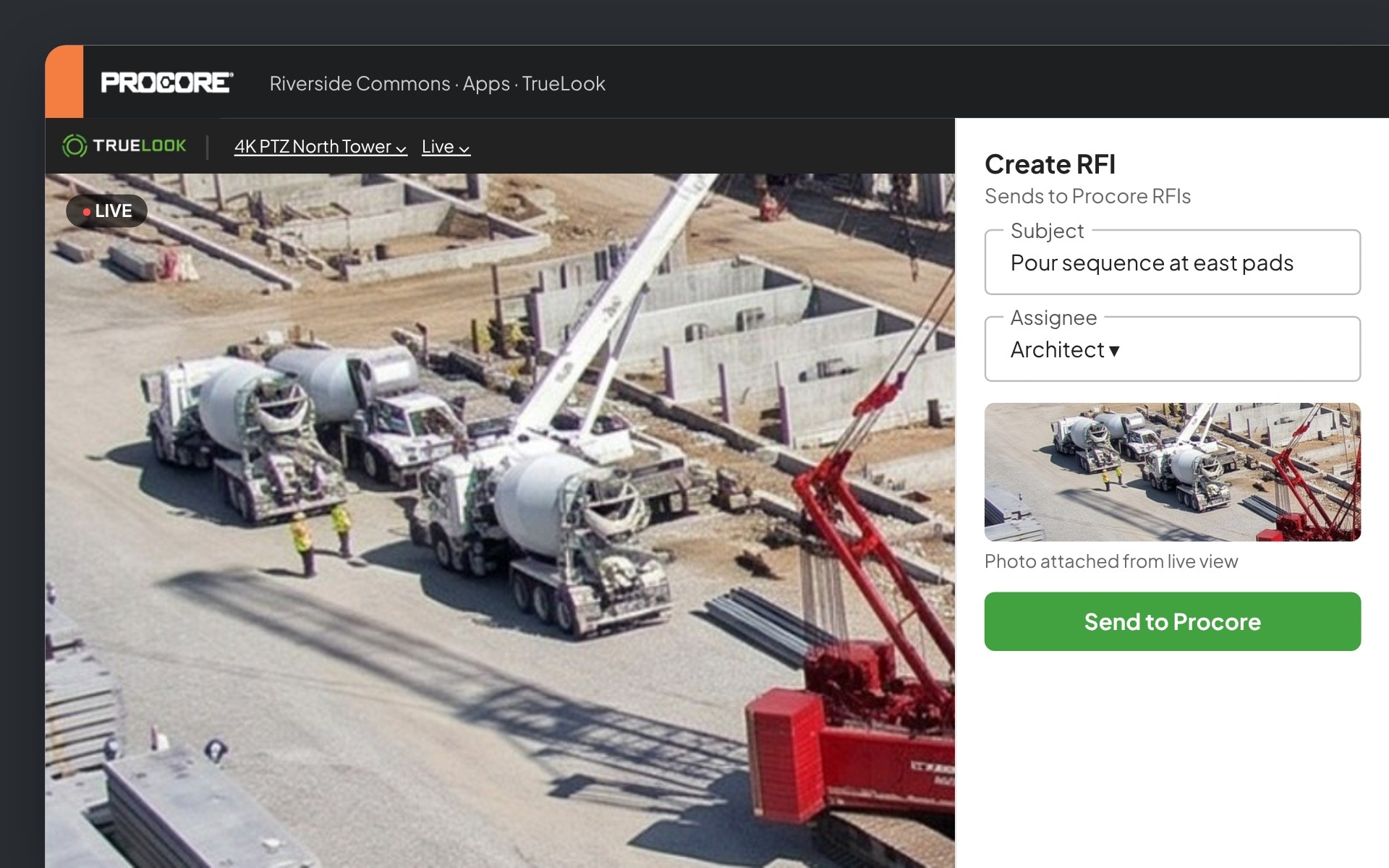 Creating a Procore RFI from a TrueLook live camera view