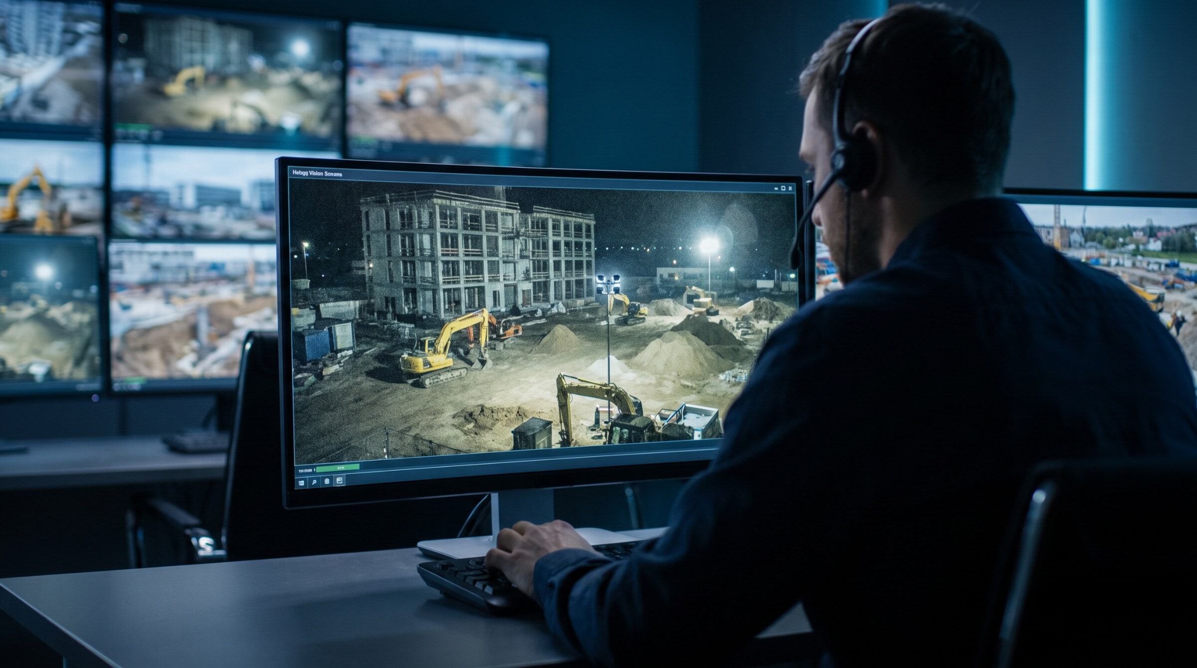 Monitoring center operator with a headset watching a live jobsite camera feed at night