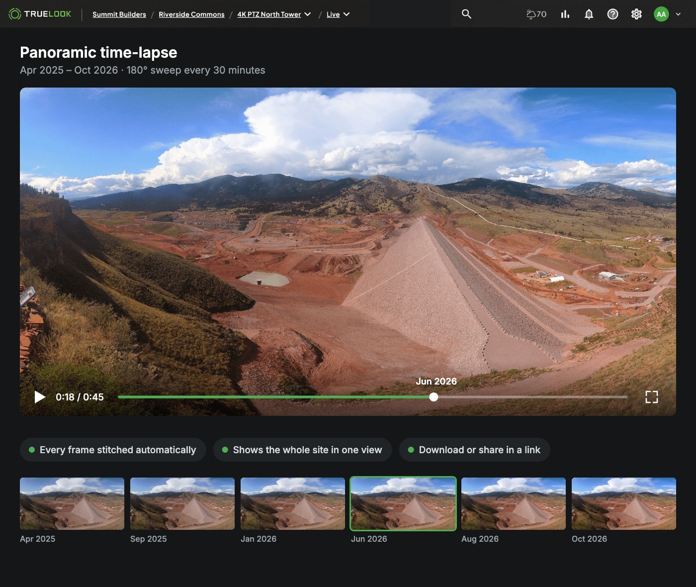 TrueLook panoramic time-lapse of a dam construction site with a timeline of monthly frames