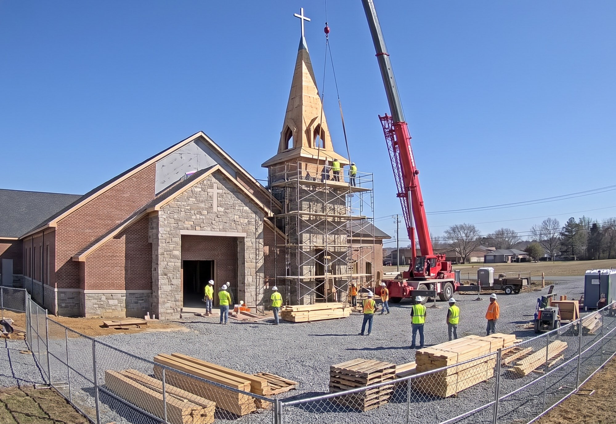 TrueLook construction camera view of a church steeple being set by crane