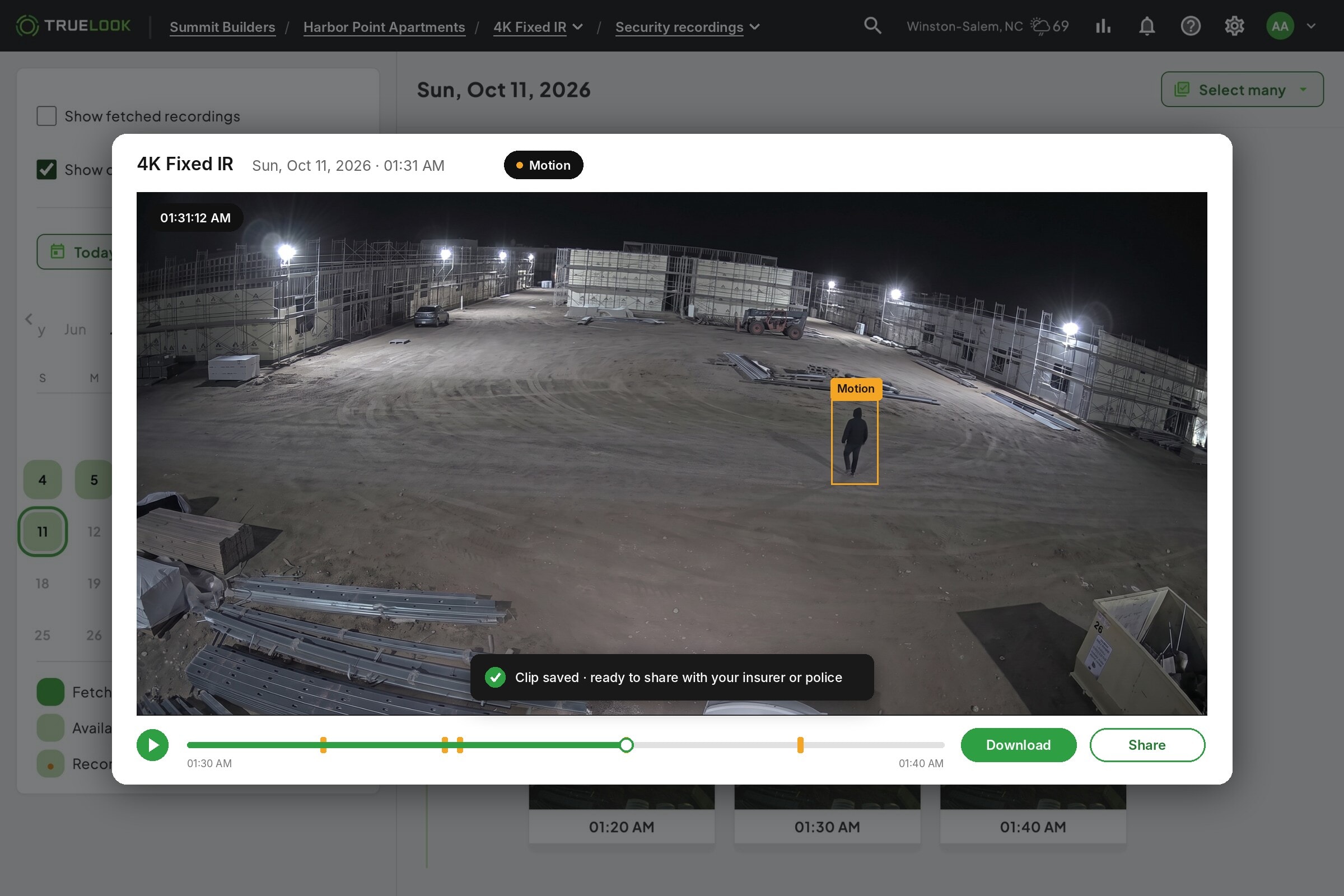 Downloading and sharing a TrueLook security clip for an insurance or police report