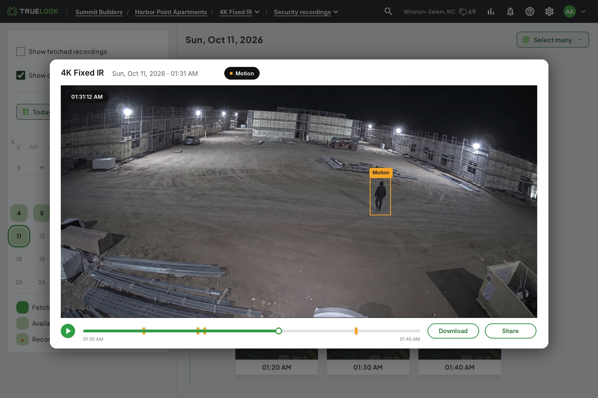 TrueLook recording player with motion events marked on the timeline
