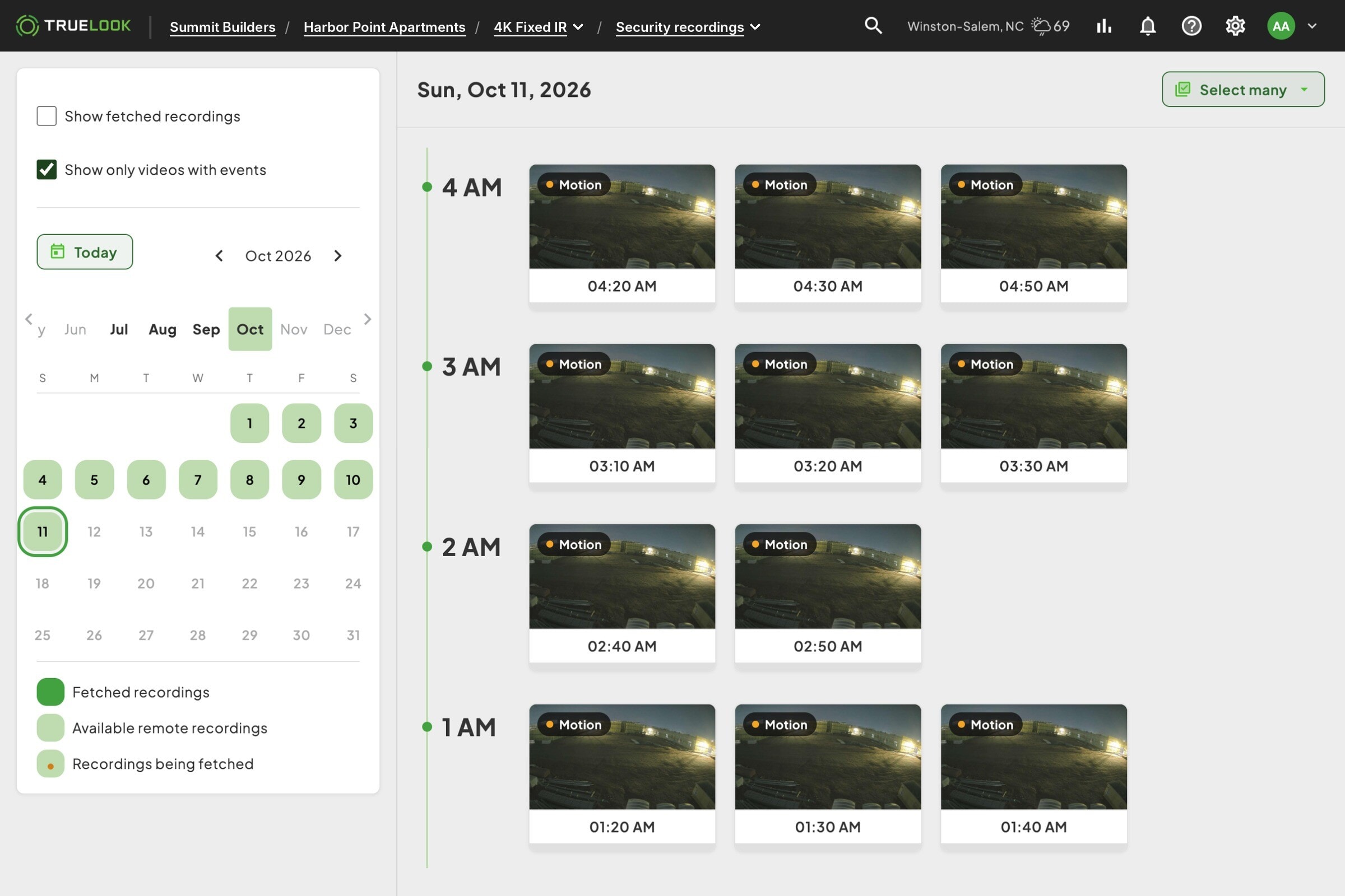 TrueLook security recordings filtered to clips with motion events