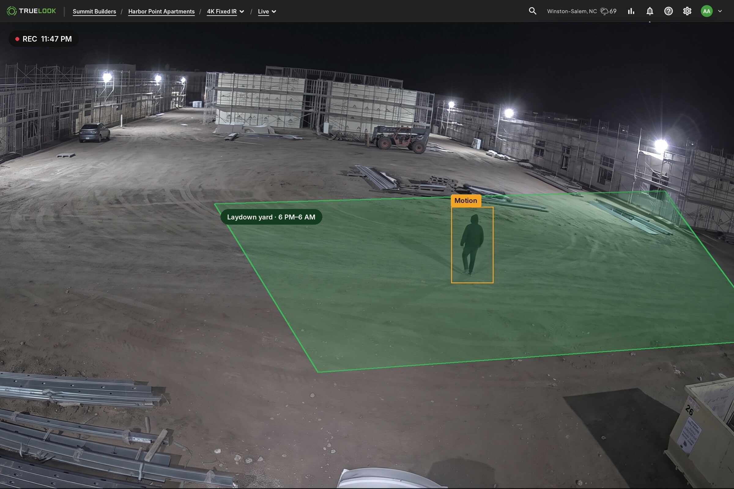 TrueLook night camera view detecting a person in a scheduled laydown yard detection zone