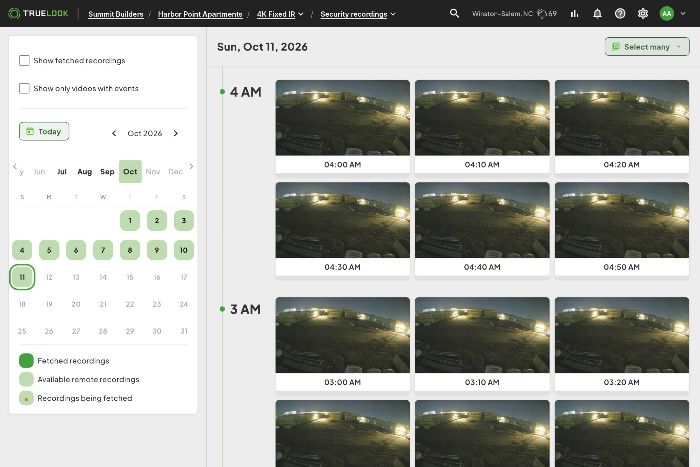 TrueLook security recordings timeline showing overnight footage by the hour
