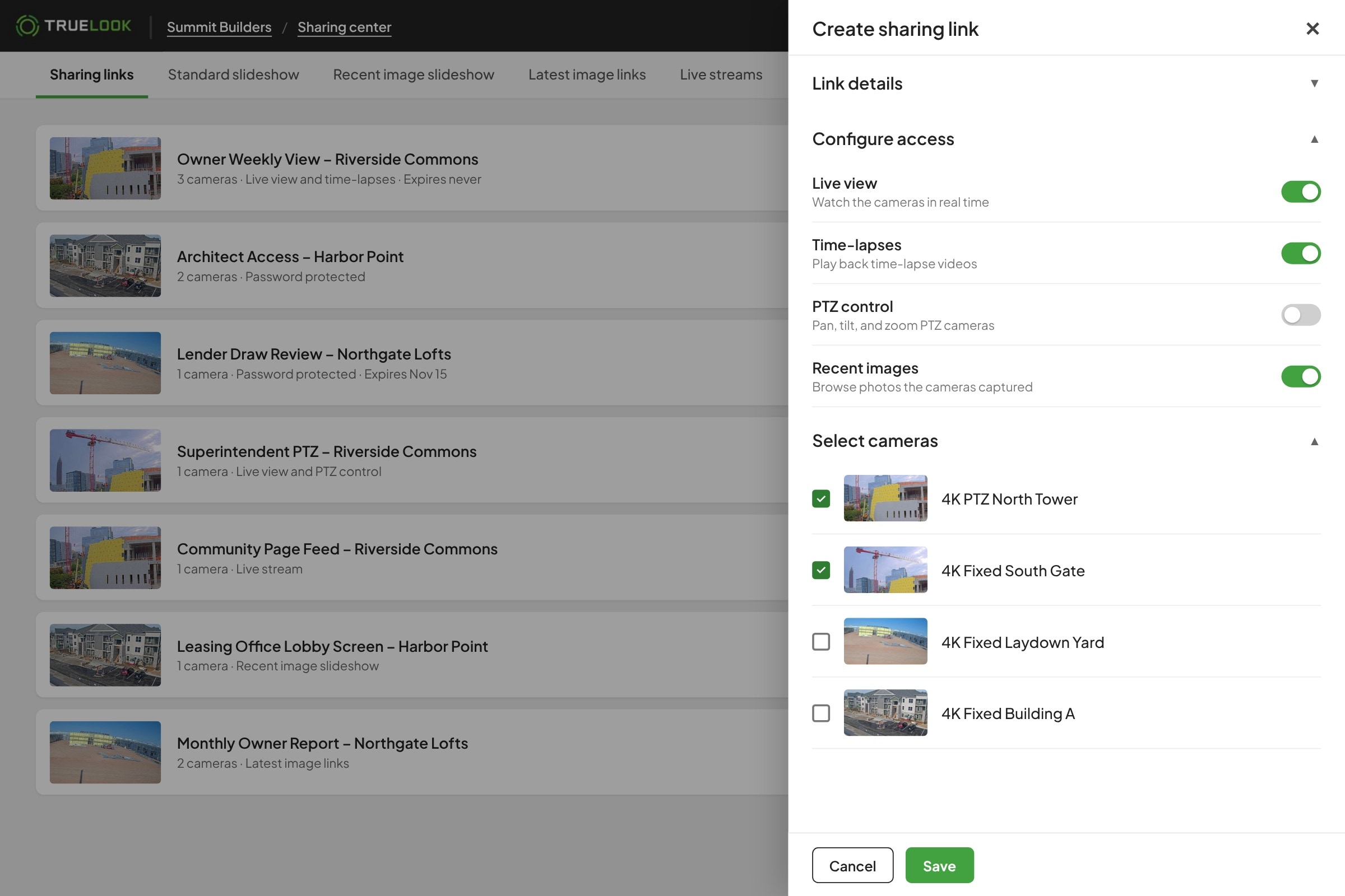 Choosing live view, time-lapse, and PTZ access for a TrueLook sharing link