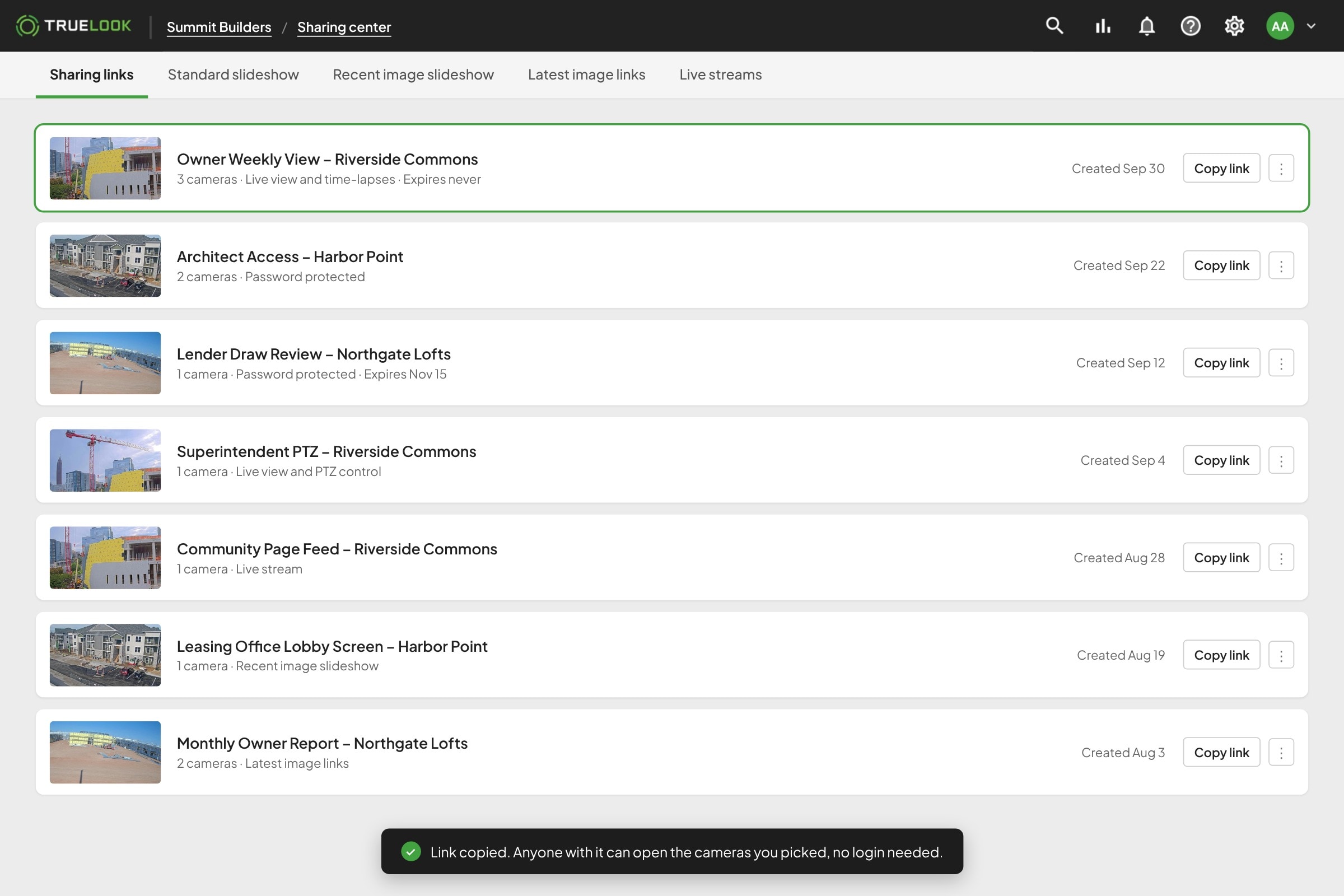 TrueLook Sharing Center list of sharing links for owners, architects, and lenders