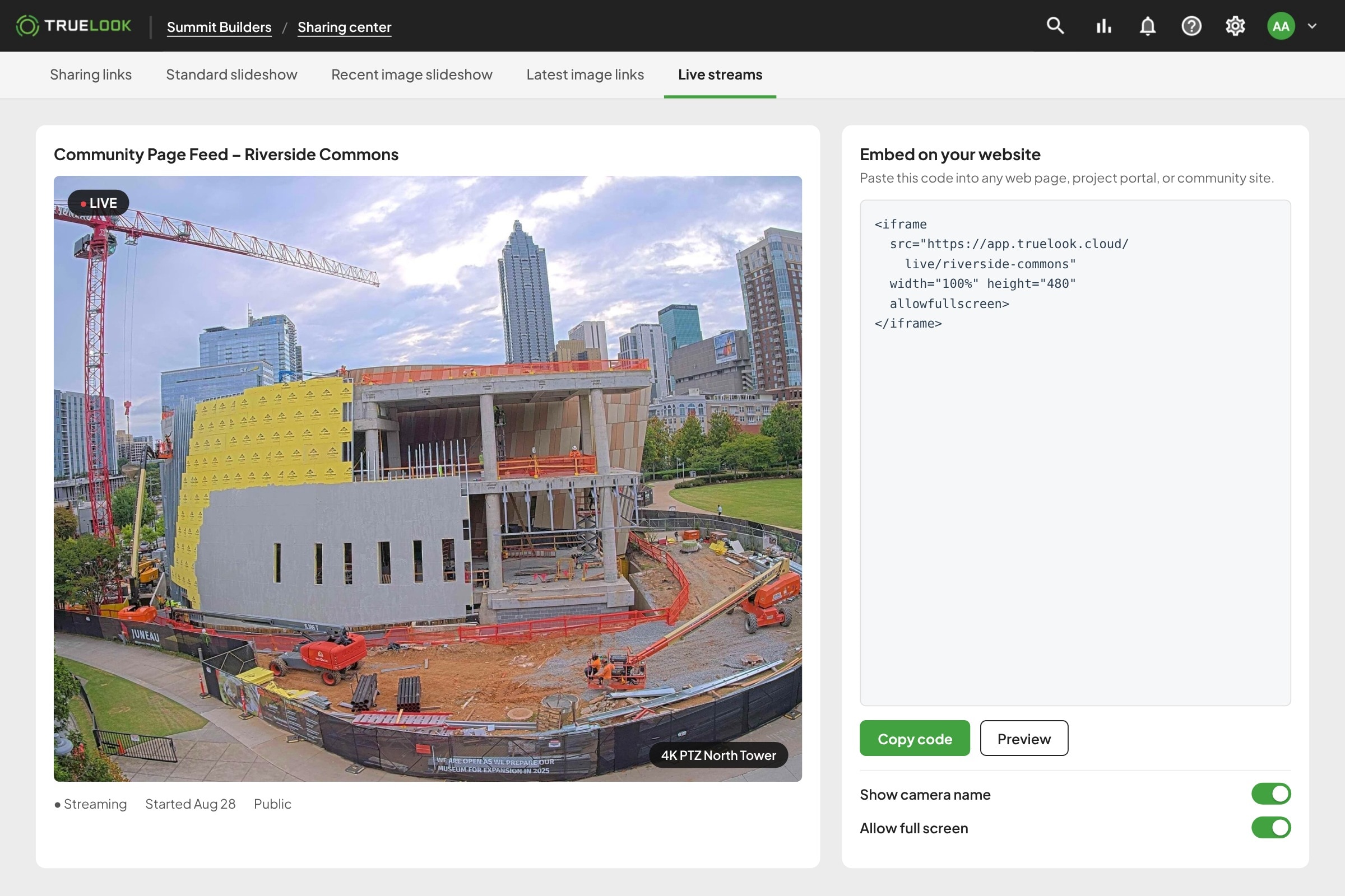 Embedding a TrueLook live stream on a project website