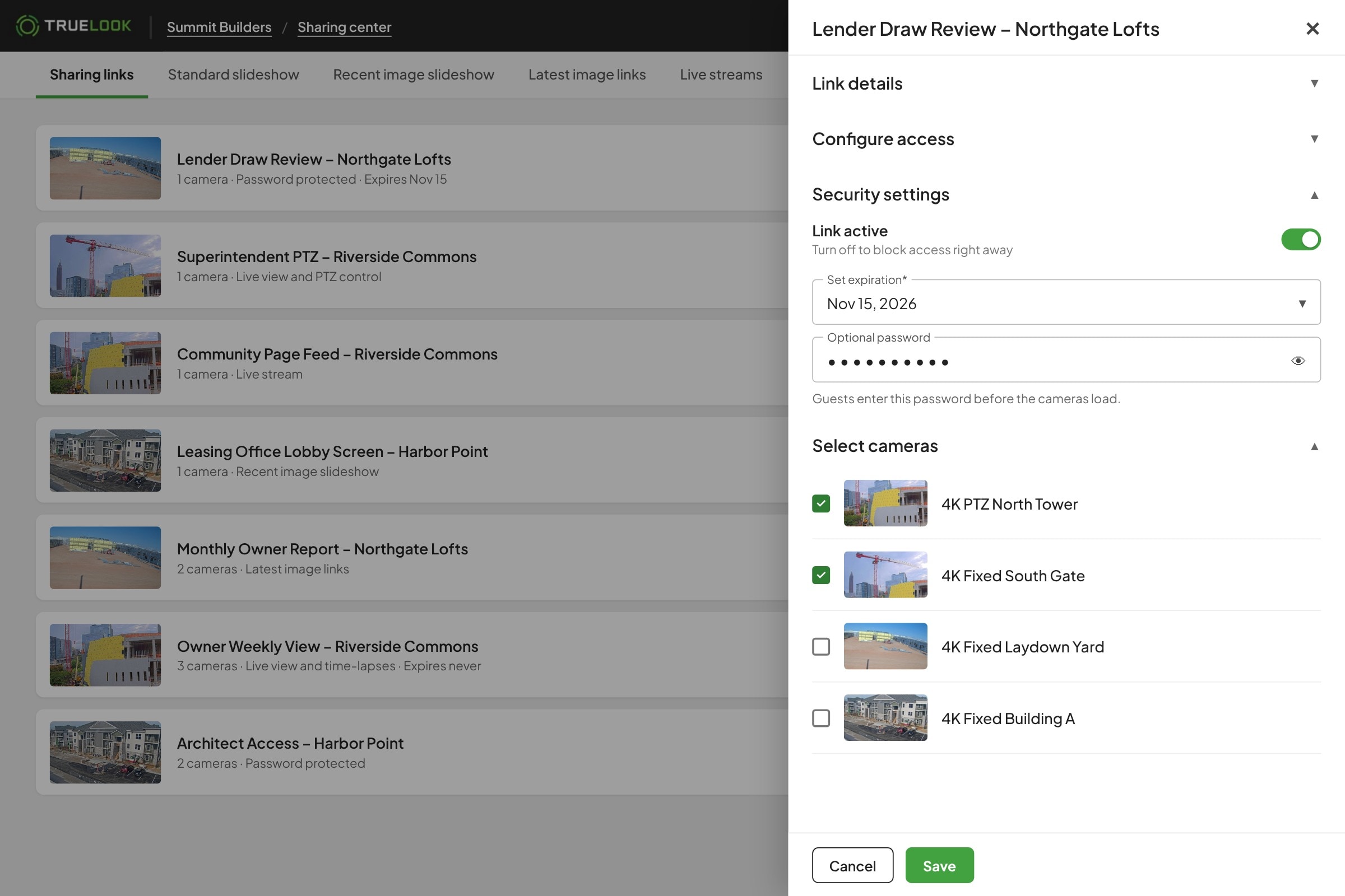 TrueLook sharing link with a password and expiration date