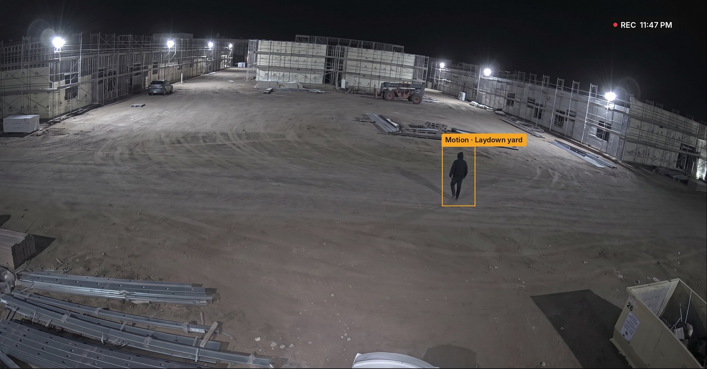 TrueLook security camera detecting motion in a construction laydown yard at night