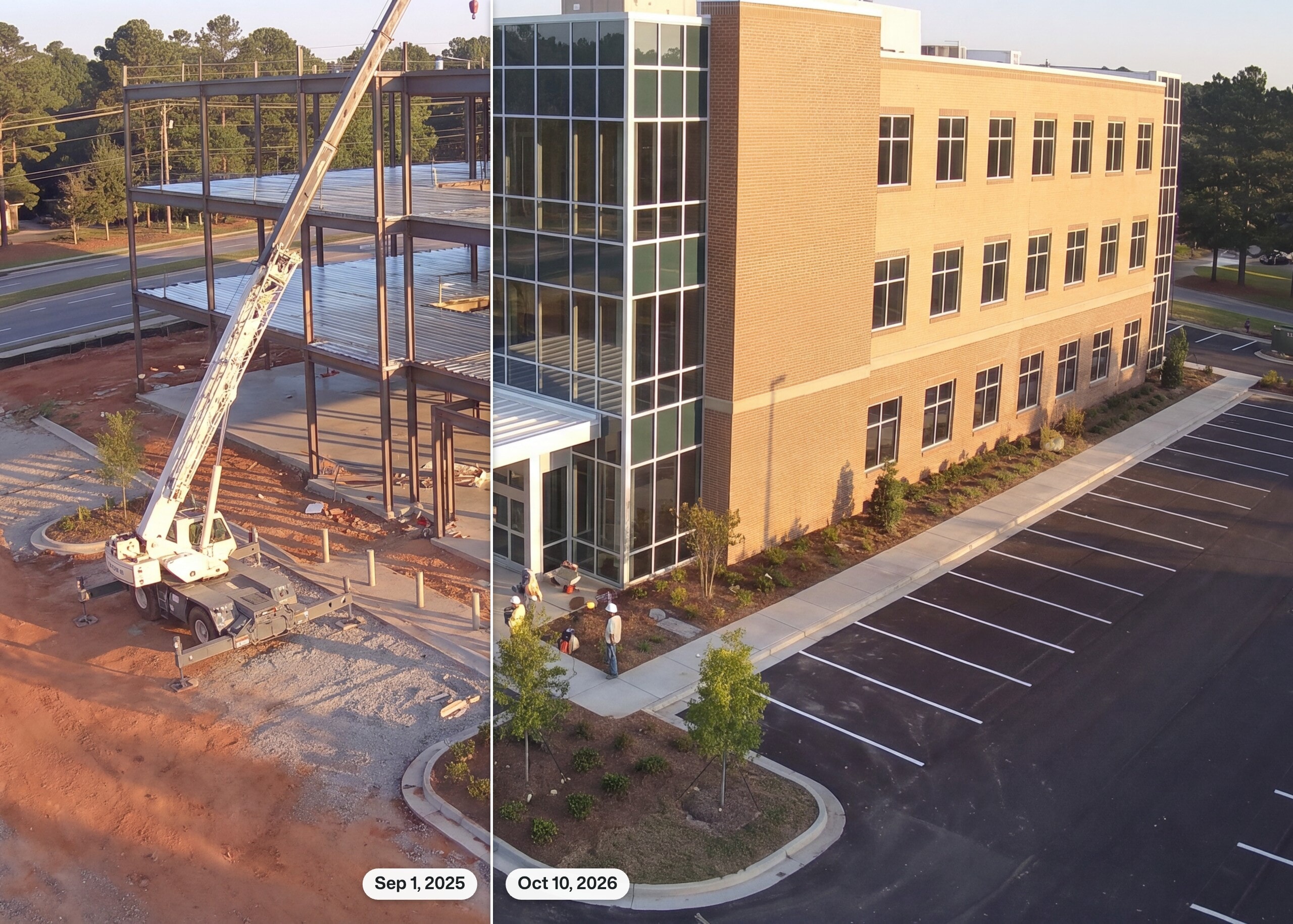 Construction camera before and after: steel frame in September 2025 and the finished medical office building in October 2026