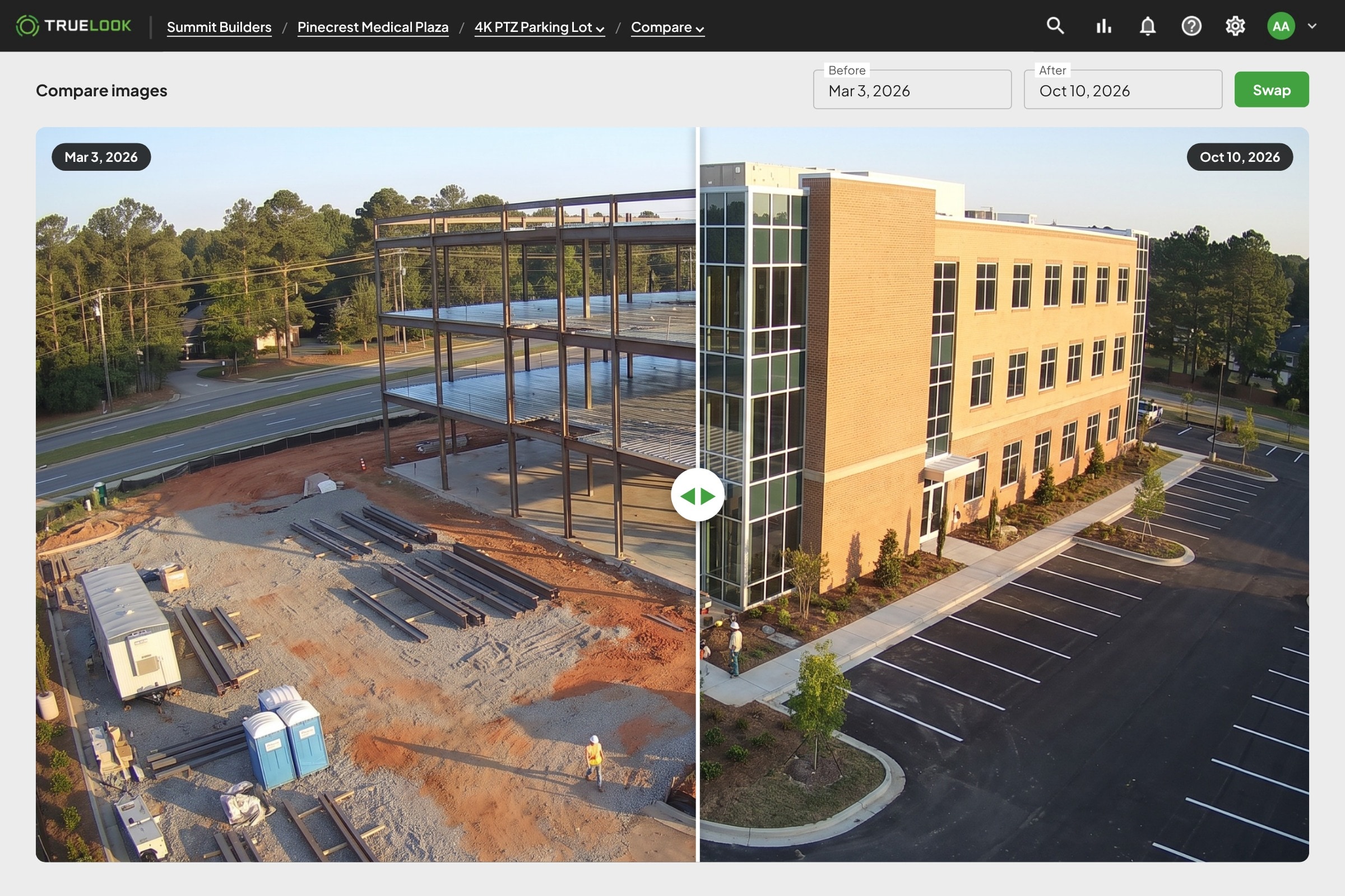 TrueLook image comparison slider showing a jobsite months apart