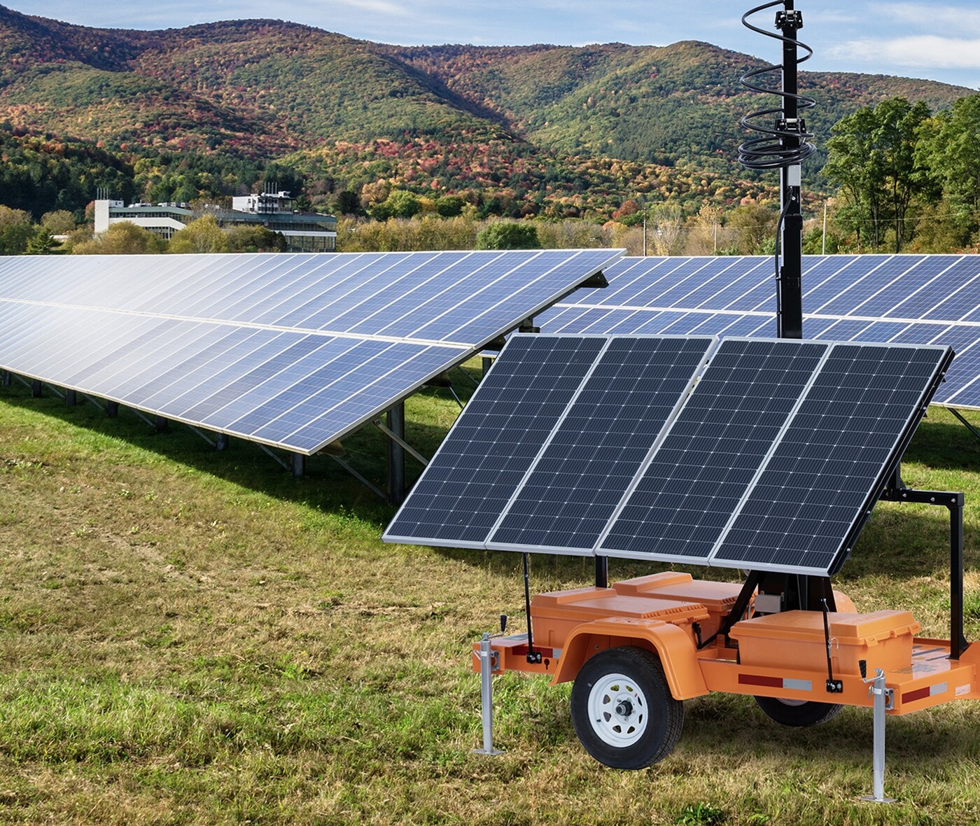 TrueLook Mobile Surveillance Trailer solar panels in front of a solar farm