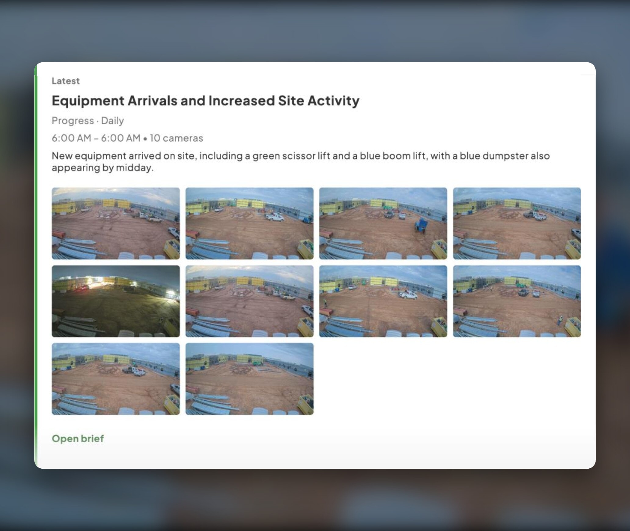 A TrueAI Brief summarizing equipment arrivals with the camera photos behind it
