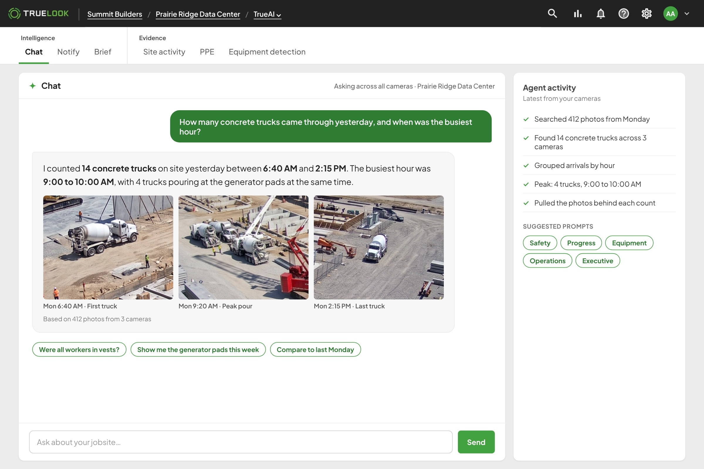 TrueAI Chat answering a jobsite question with photos of the concrete trucks behind the answer