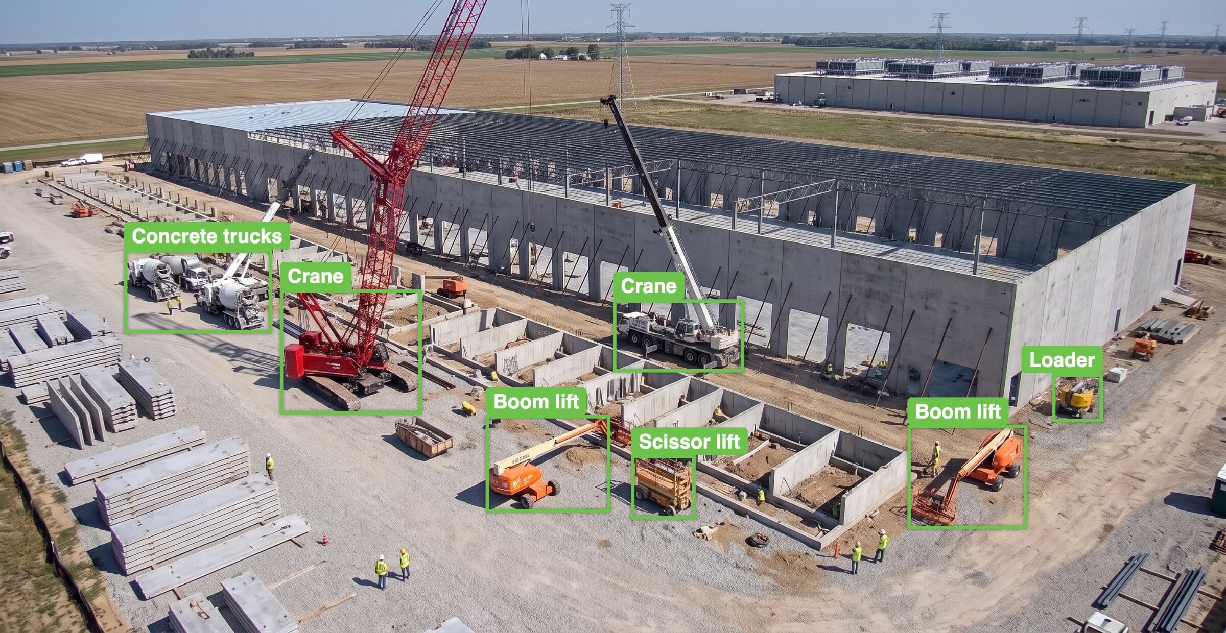 TrueAI tracking cranes, concrete trucks, lifts and a loader on a jobsite