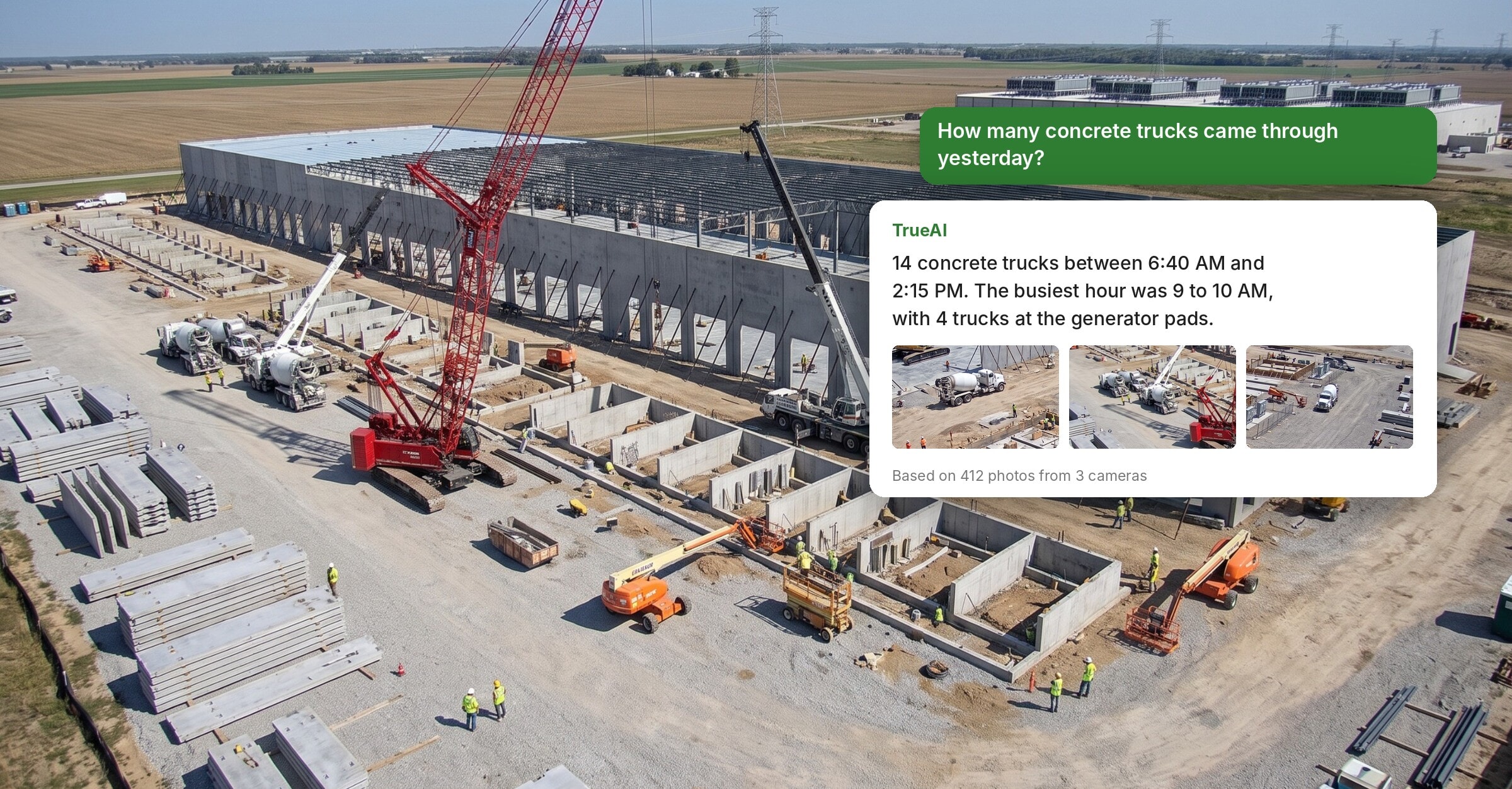 TrueAI chat answering a question about concrete trucks on a data center construction site
