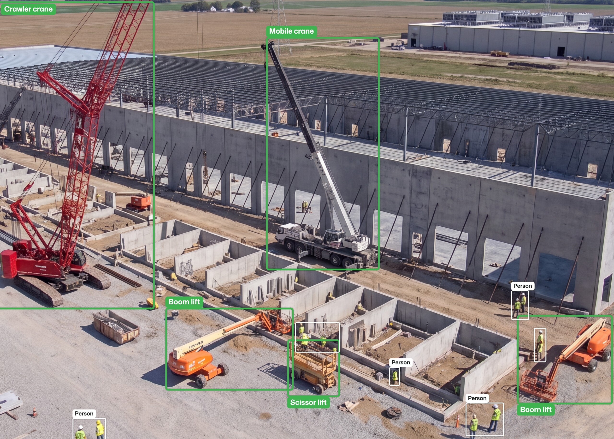 TrueAI detecting cranes, lifts and workers on a data center construction site