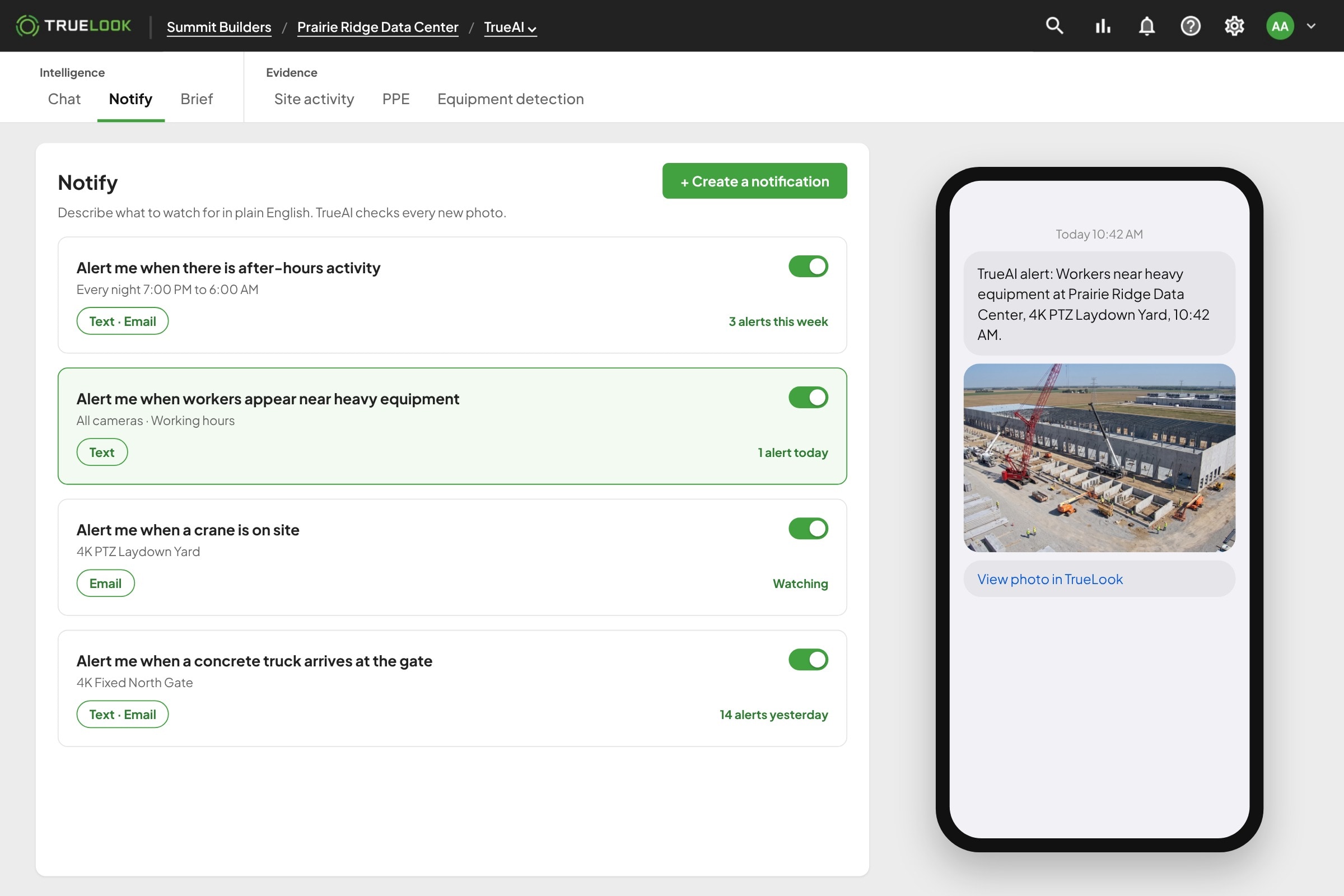 TrueAI Notify alerts set in plain English with a text message alert and photo