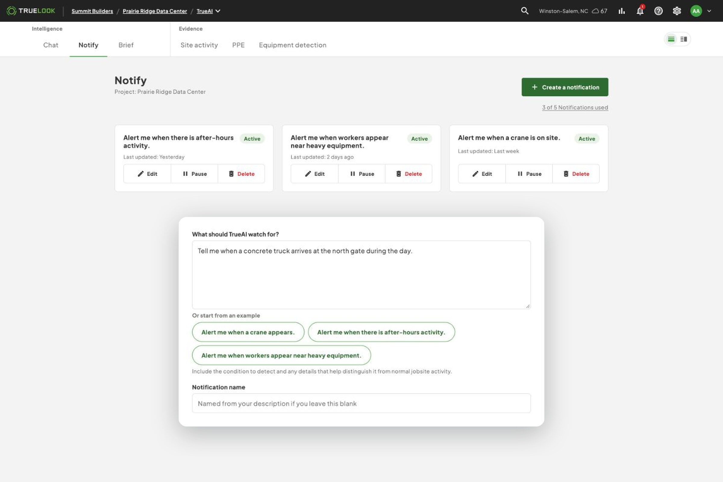 TrueAI Notify with active alerts and the create-a-notification form